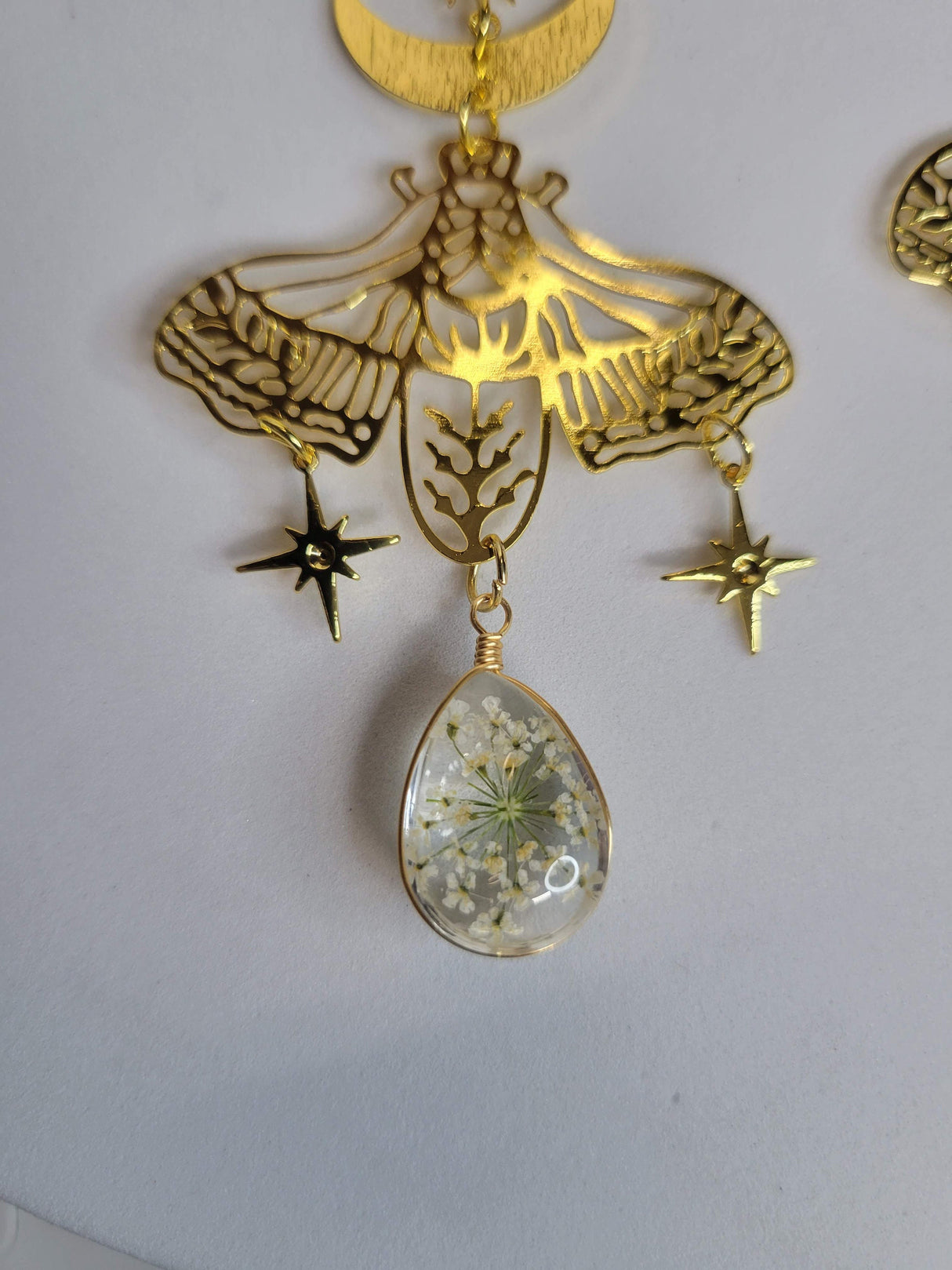 Moon Moth with Flower Pressed Stars Earrings, Celestial Earrings, Sun and Moon Moth earrings