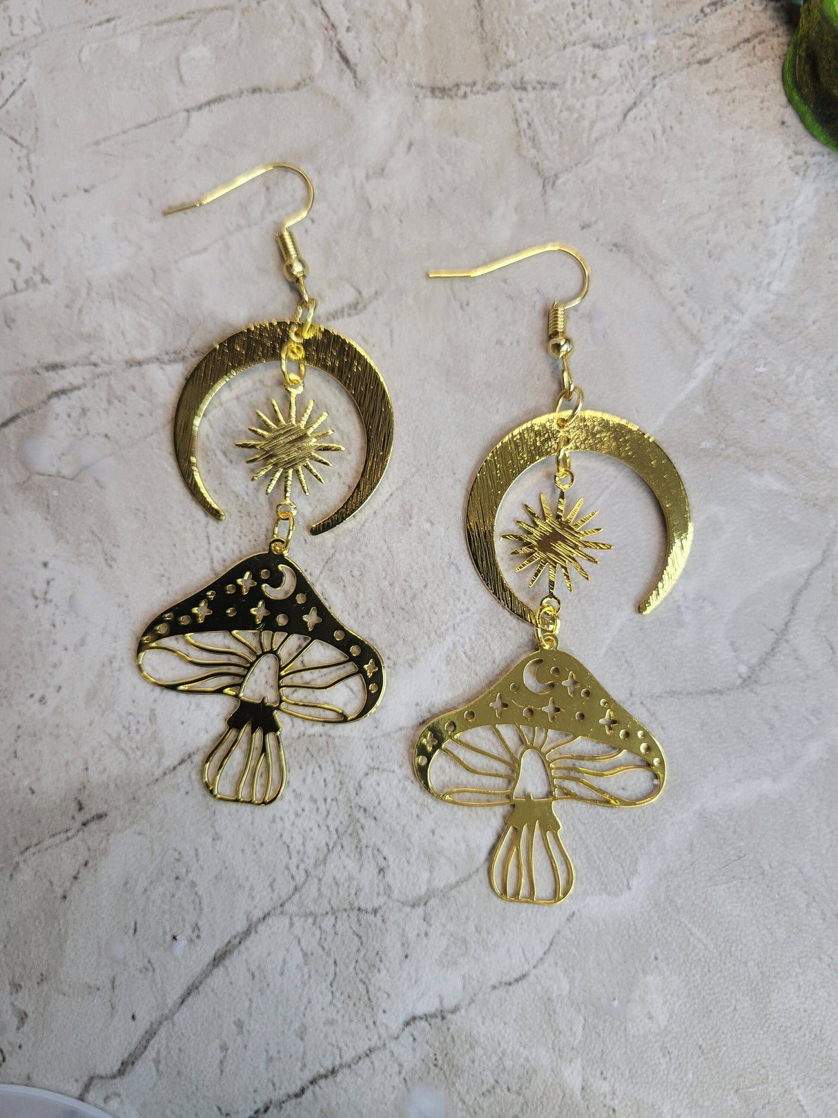 Celestial Mushroom Earrings Sun & Star Silver Gold Long Drop Earrings for Women Celestial Earrings