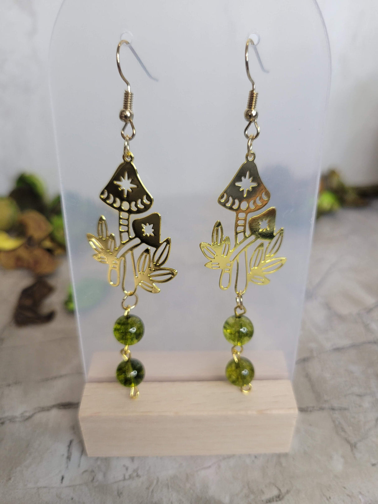 Mushroom Earrings with Green Beads, Phases of the Moon with MushroomNature Earrings, Gold Mushroom Moon Earrings