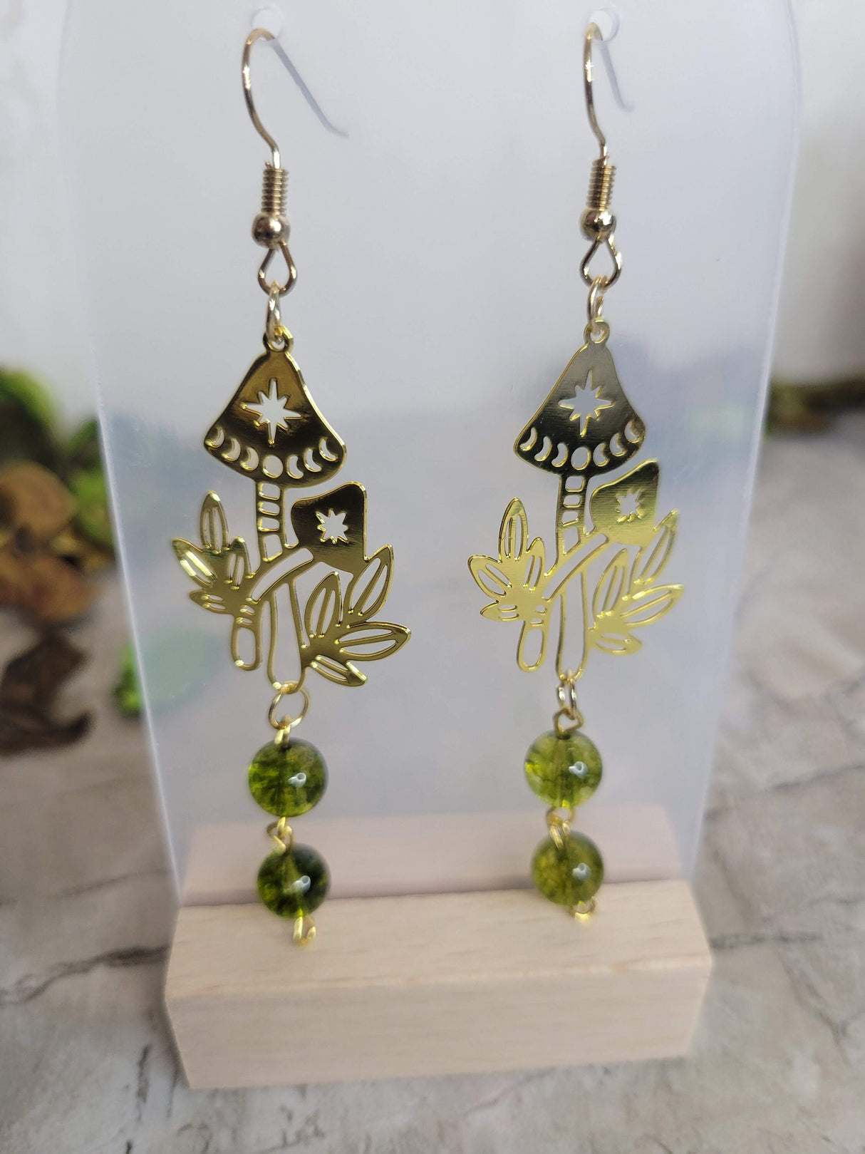 Mushroom Earrings with Green Beads, Phases of the Moon with MushroomNature Earrings, Gold Mushroom Moon Earrings