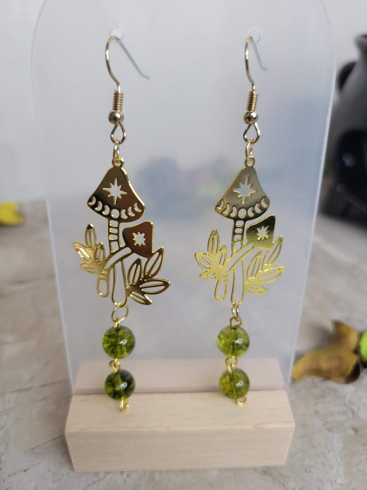 Mushroom Earrings with Green Beads, Phases of the Moon with MushroomNature Earrings, Gold Mushroom Moon Earrings
