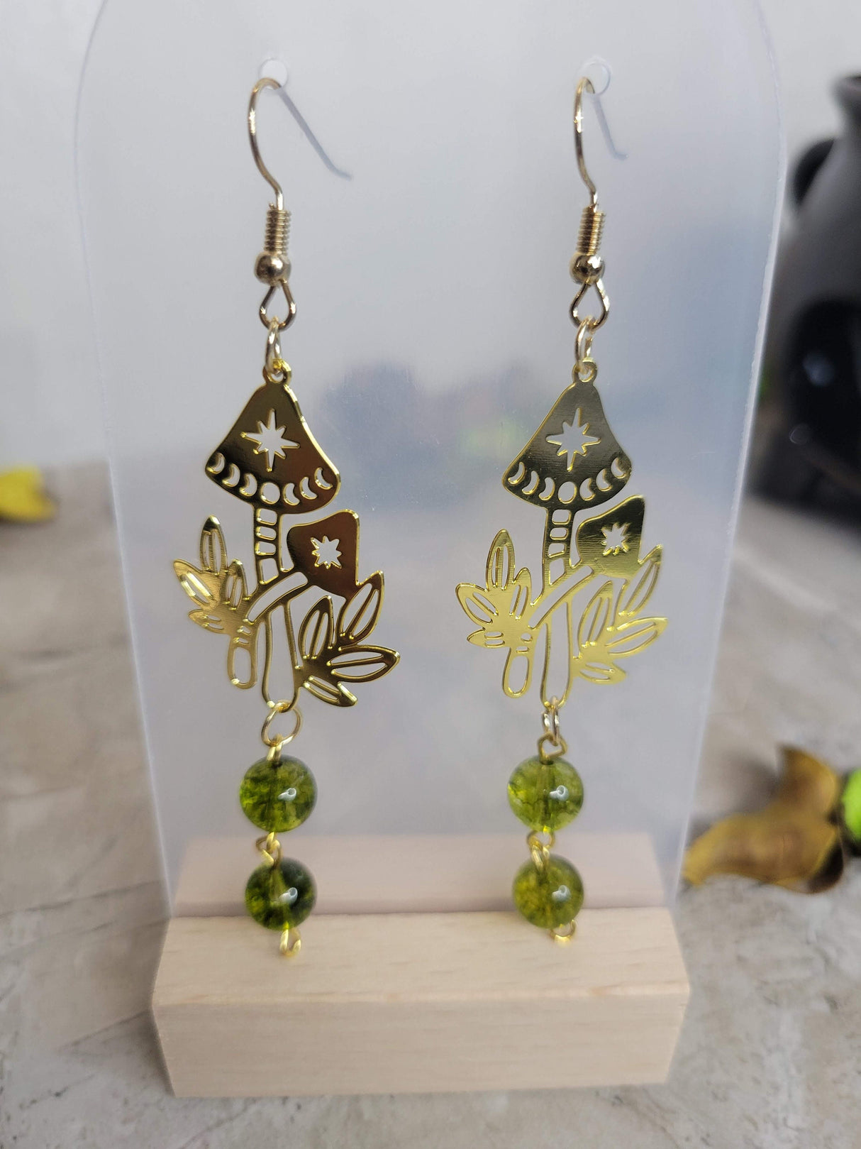 Mushroom Earrings with Green Beads, Phases of the Moon with MushroomNature Earrings, Gold Mushroom Moon Earrings