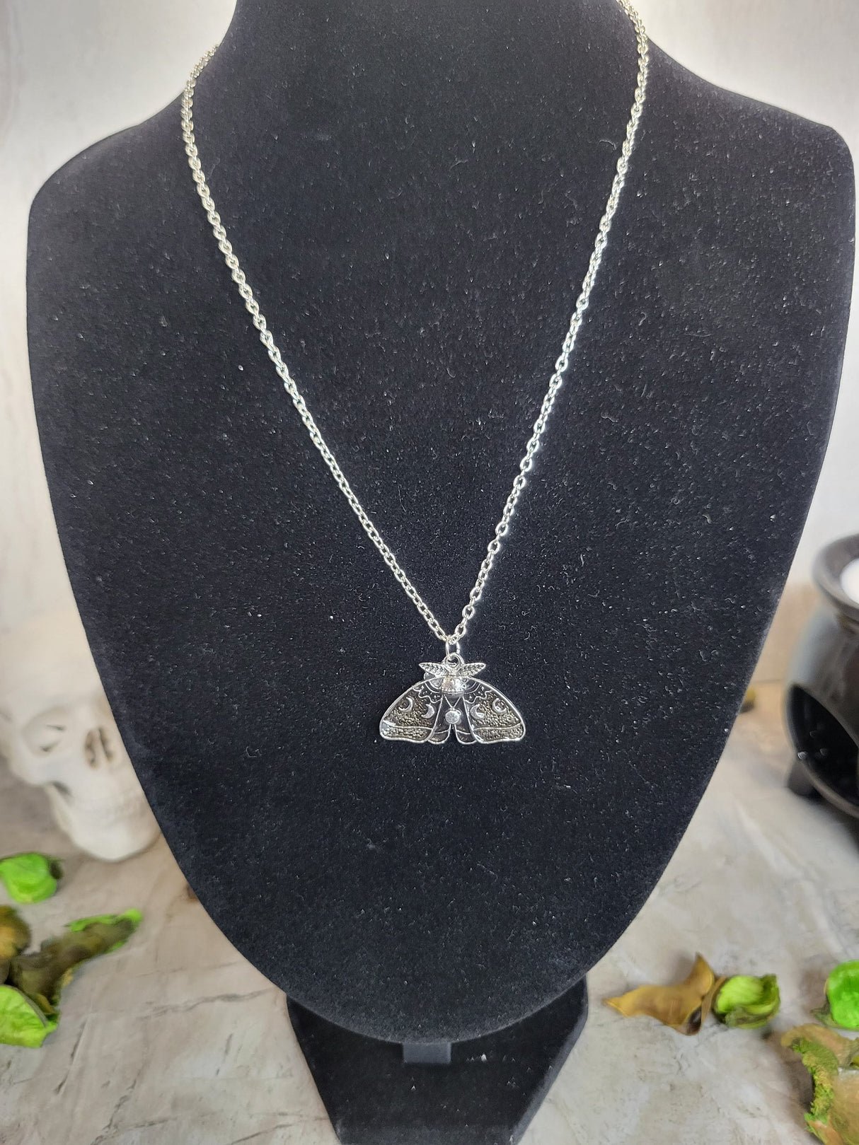 Moon Phase Moth Pendant Necklace, Gothic Jewelry, Antique Silver, Nature Lover Necklace