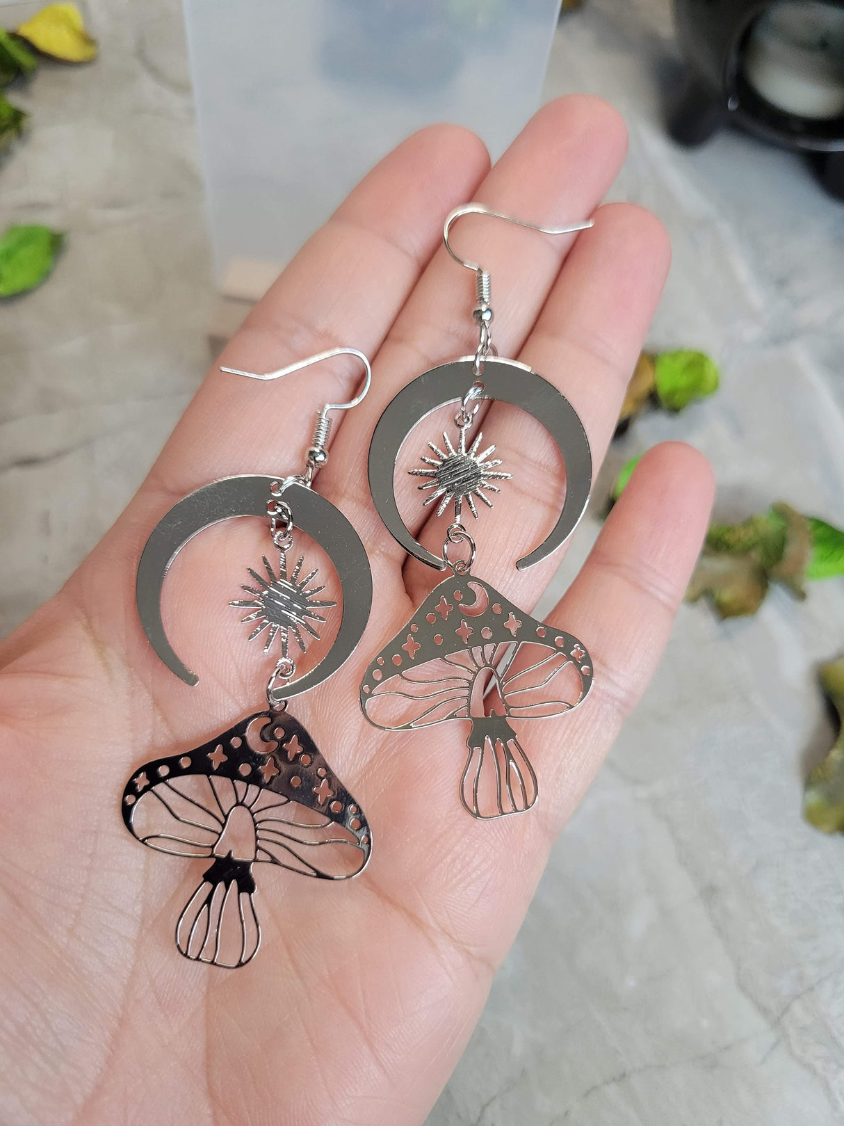 Celestial Mushroom Earrings Sun & Star Silver Gold Long Drop Earrings for Women Celestial Earrings