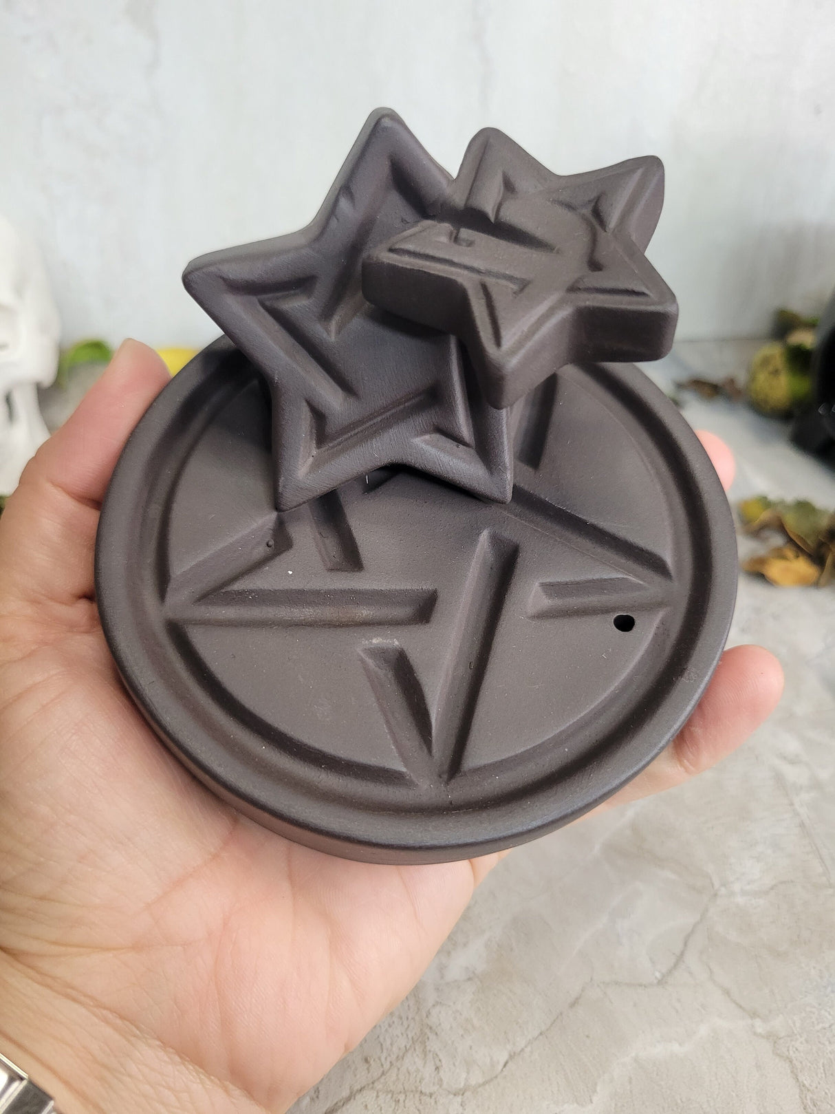 Handmade Pentacle Ceramic Backflow Incense Burner Triple Pentacles Witchy Burner