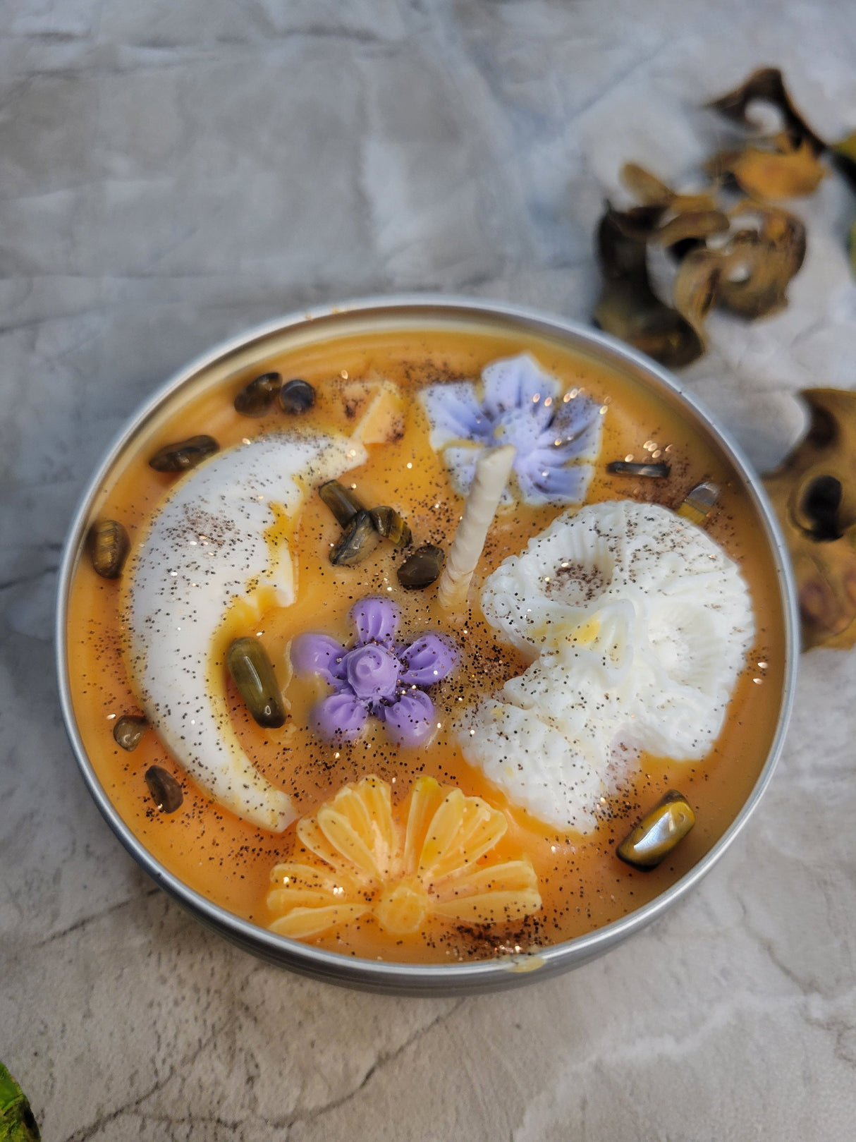 Enchanted Orange Moon and Skull Magic Garden Candle Tin jar Soy Candle Intention Candle Witchy Candles