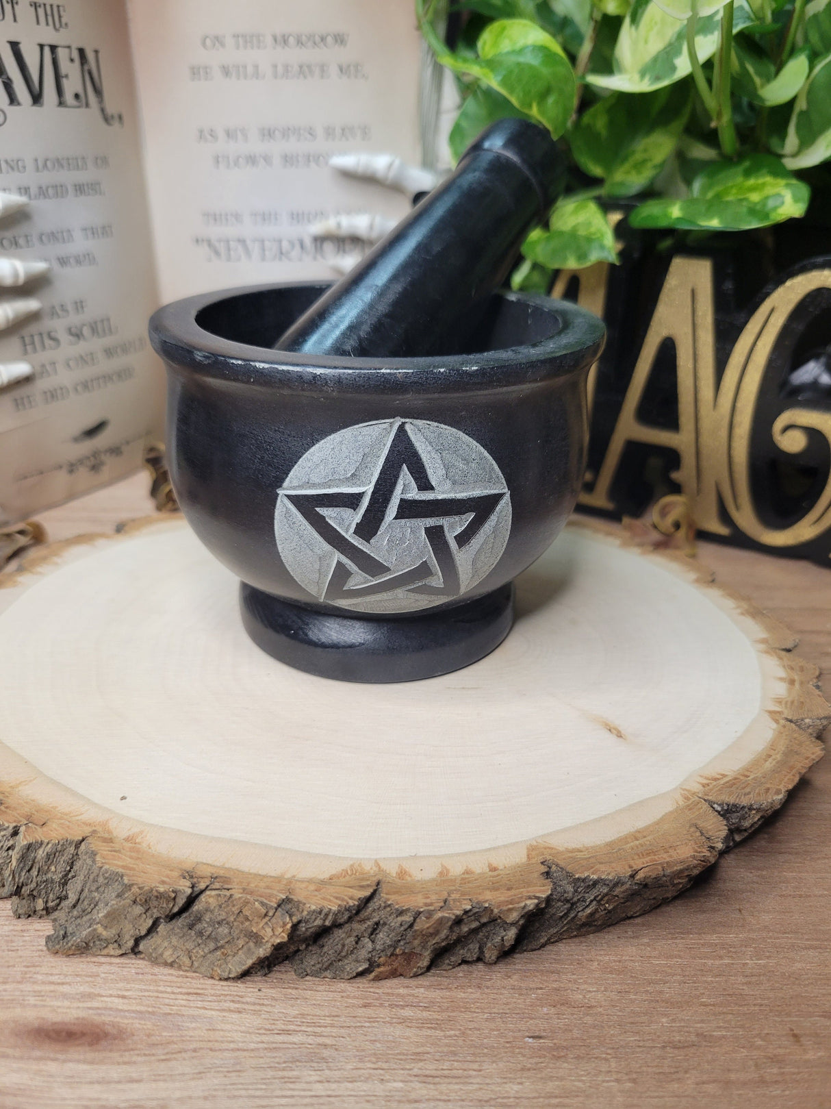 Pentagram Black Mortar and Pestle, Soapstone Herb Grinder Handmade Mortar