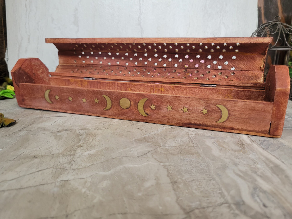 Celestial Wooden Incense Burner Box Triple Moon , Incense Storage Box, Handcrafted Wood Box for Incense