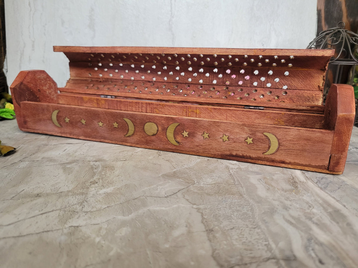 Celestial Wooden Incense Burner Box Triple Moon , Incense Storage Box, Handcrafted Wood Box for Incense