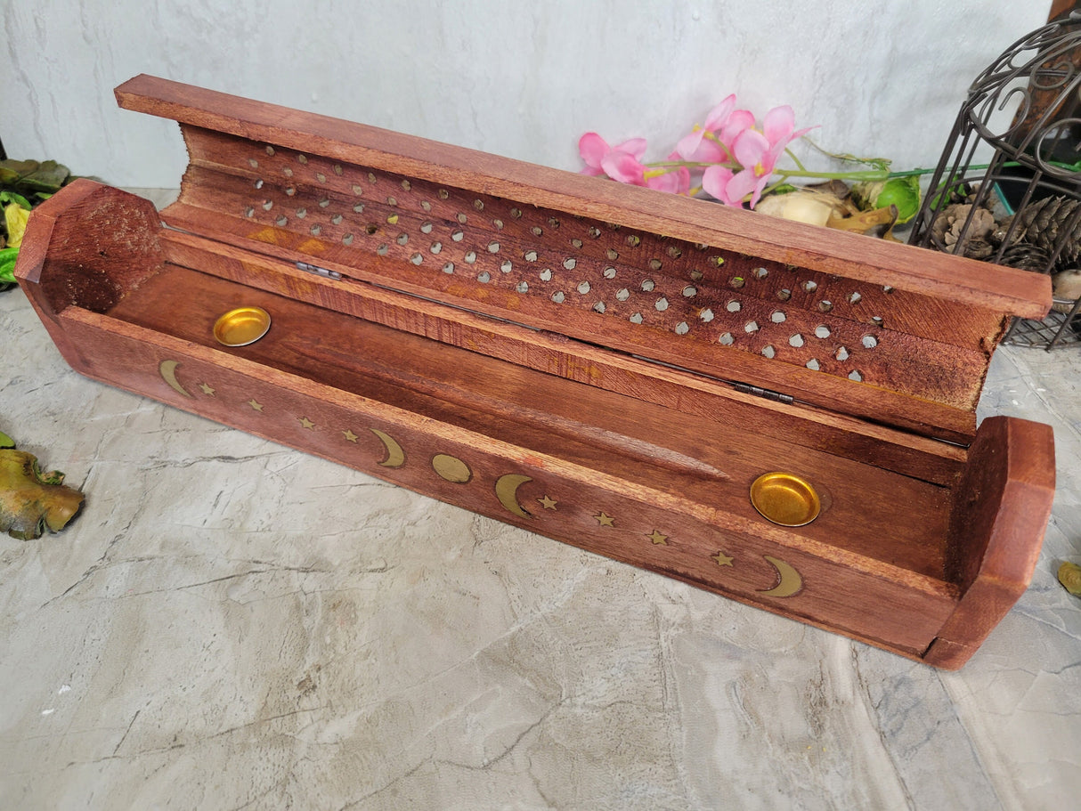 Celestial Wooden Incense Burner Box Triple Moon , Incense Storage Box, Handcrafted Wood Box for Incense