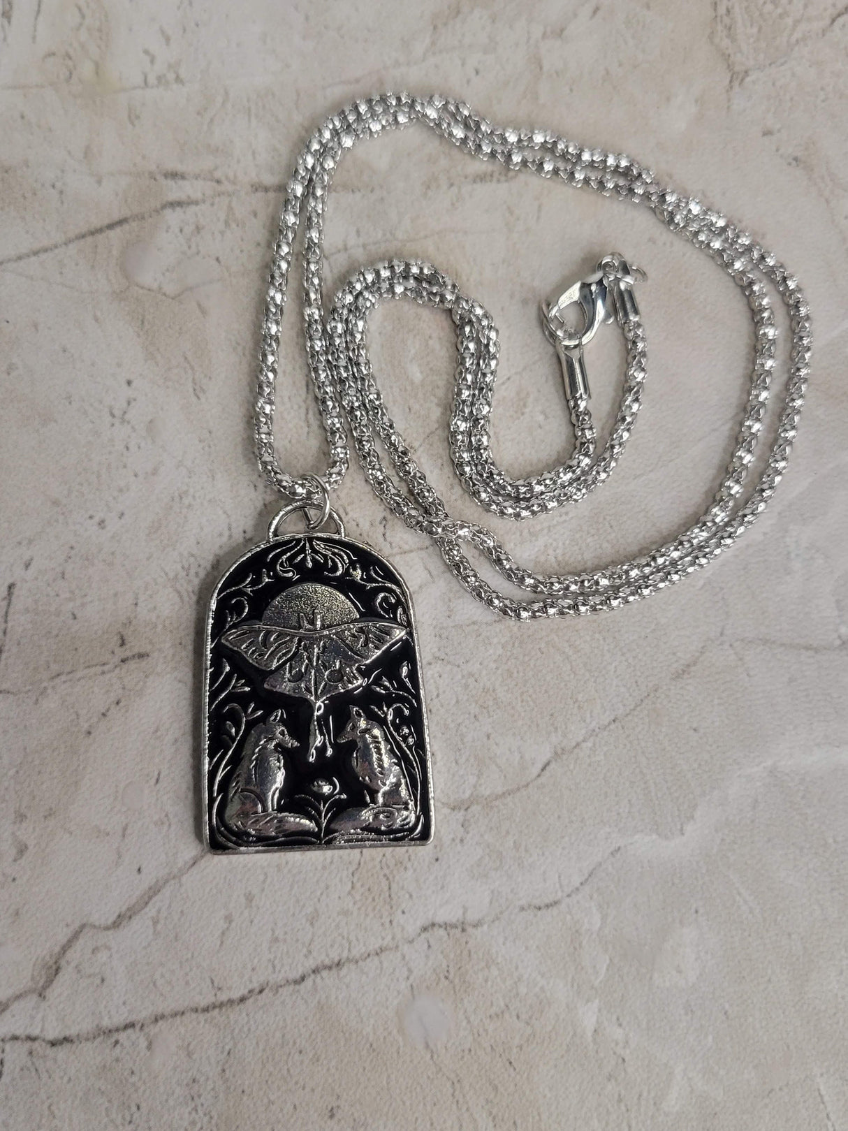 Wolves and Moth Pendant Necklace, Gothic Jewelry, Antique Silver, Nature Lover Necklace