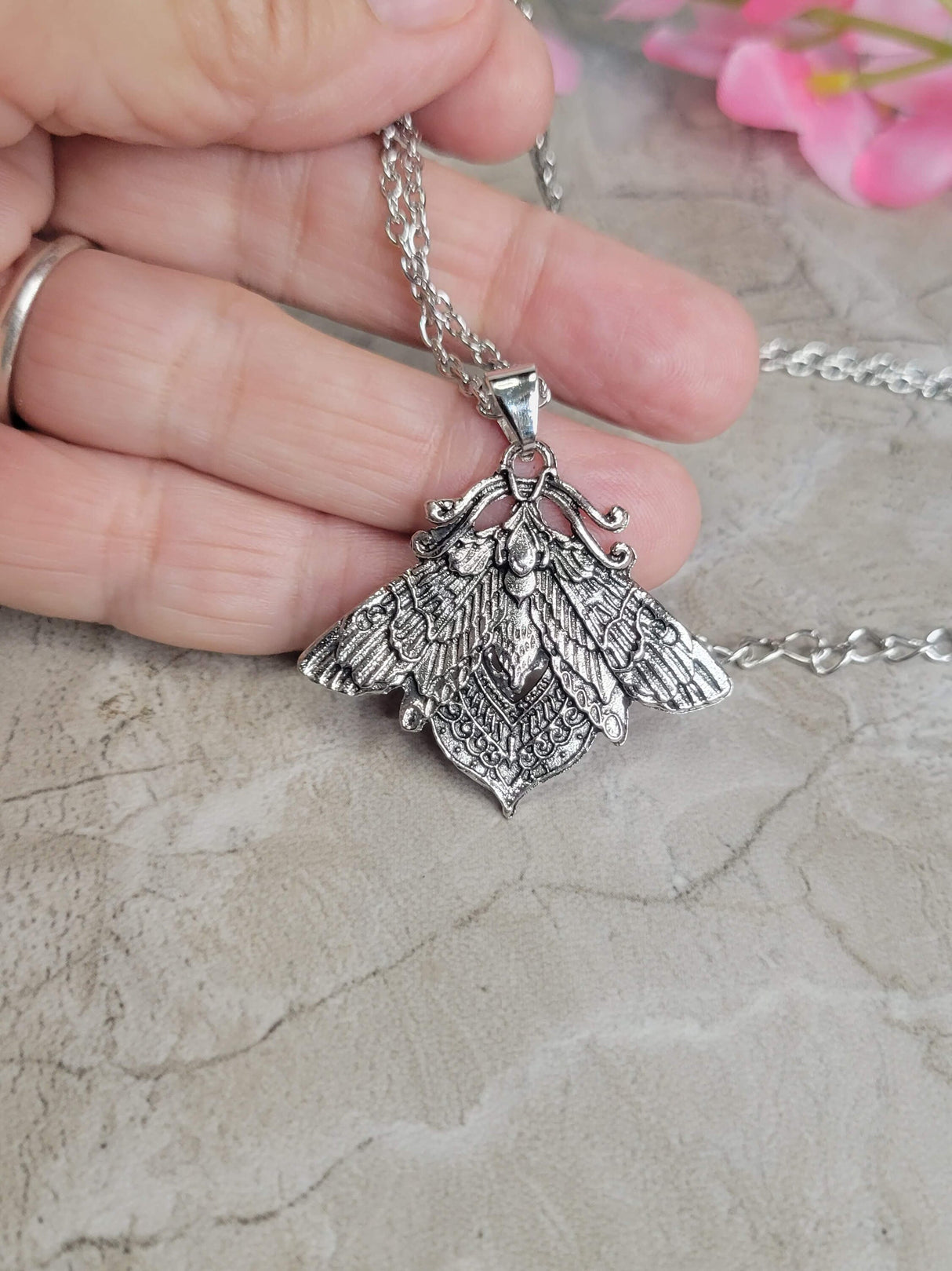 Moth Pendant Necklace, Gothic Jewelry, Antique Silver, Nature Lover Necklace