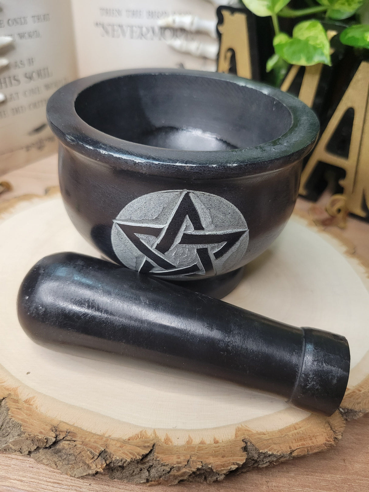 Pentagram Black Mortar and Pestle, Soapstone Herb Grinder Handmade Mortar