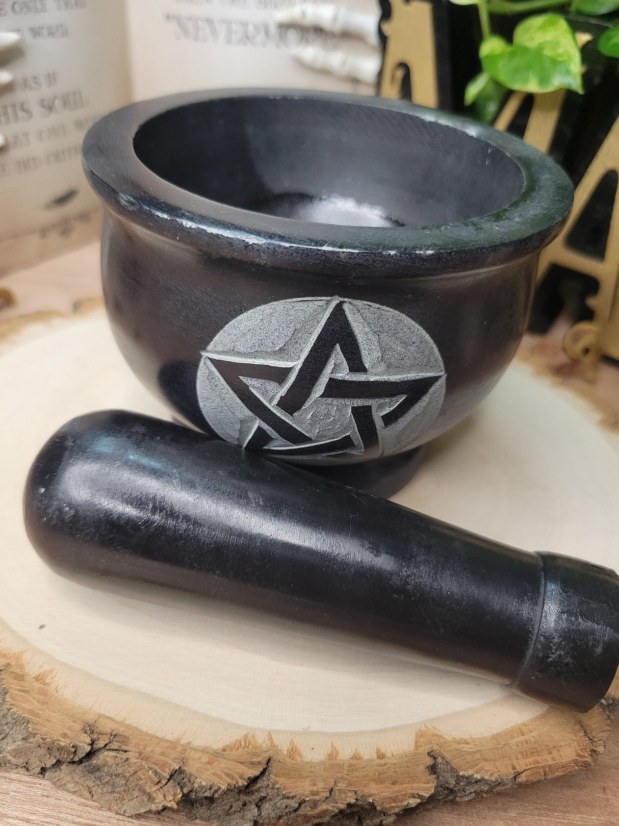 Pentagram Black Mortar and Pestle, Soapstone Herb Grinder Handmade Mortar