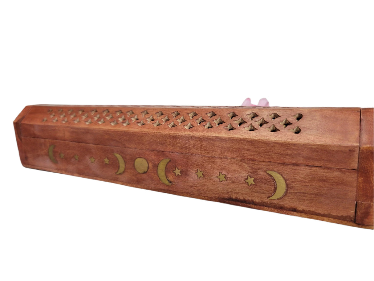 Celestial Wooden Incense Burner Box Triple Moon , Incense Storage Box, Handcrafted Wood Box for Incense