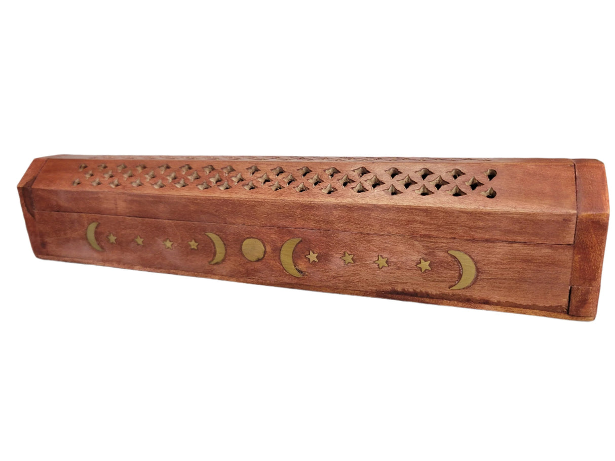 Celestial Wooden Incense Burner Box Triple Moon , Incense Storage Box, Handcrafted Wood Box for Incense