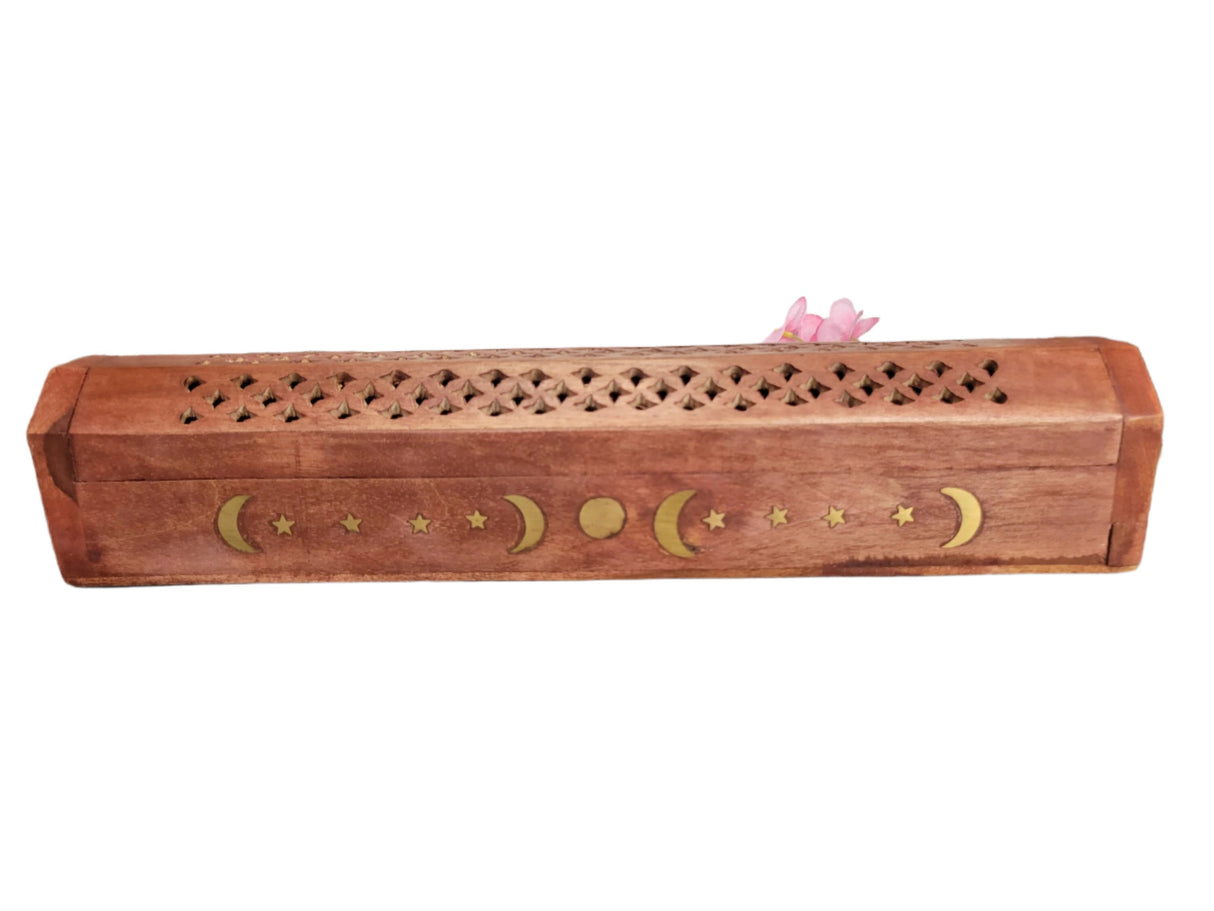 Celestial Wooden Incense Burner Box Triple Moon , Incense Storage Box, Handcrafted Wood Box for Incense