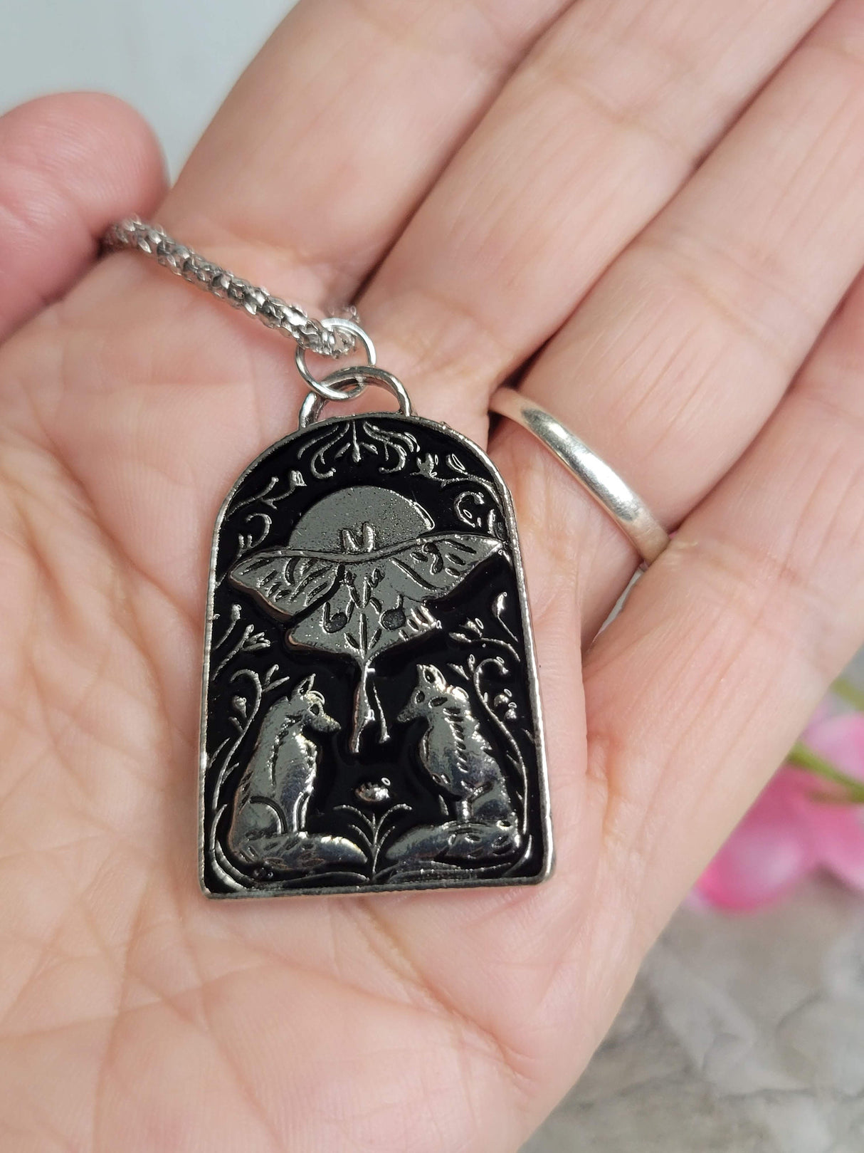 Wolves and Moth Pendant Necklace, Gothic Jewelry, Antique Silver, Nature Lover Necklace