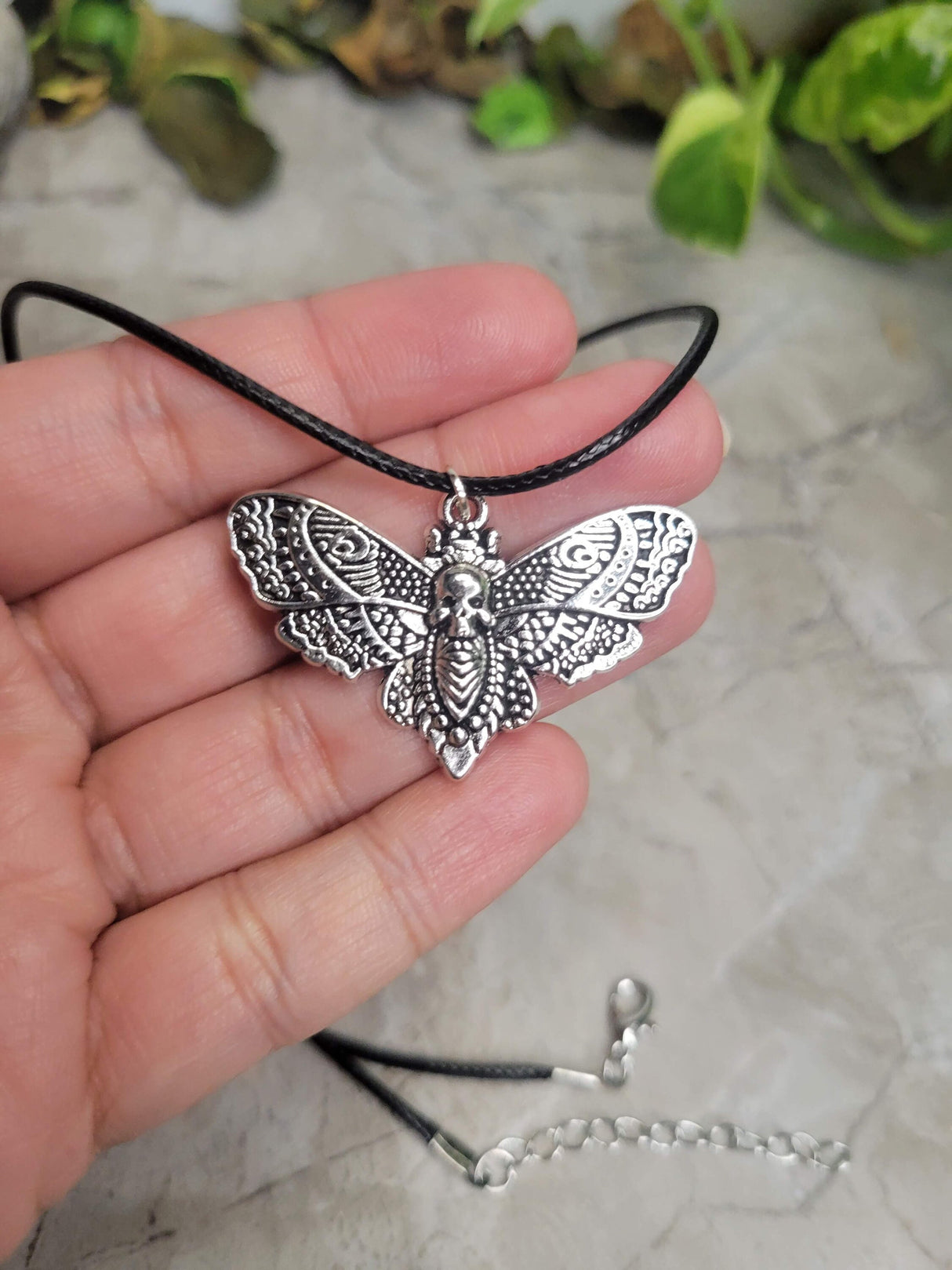 Skull Moth Pendant Necklace, Gothic Jewelry, Antique Silver, Nature Lover Necklace