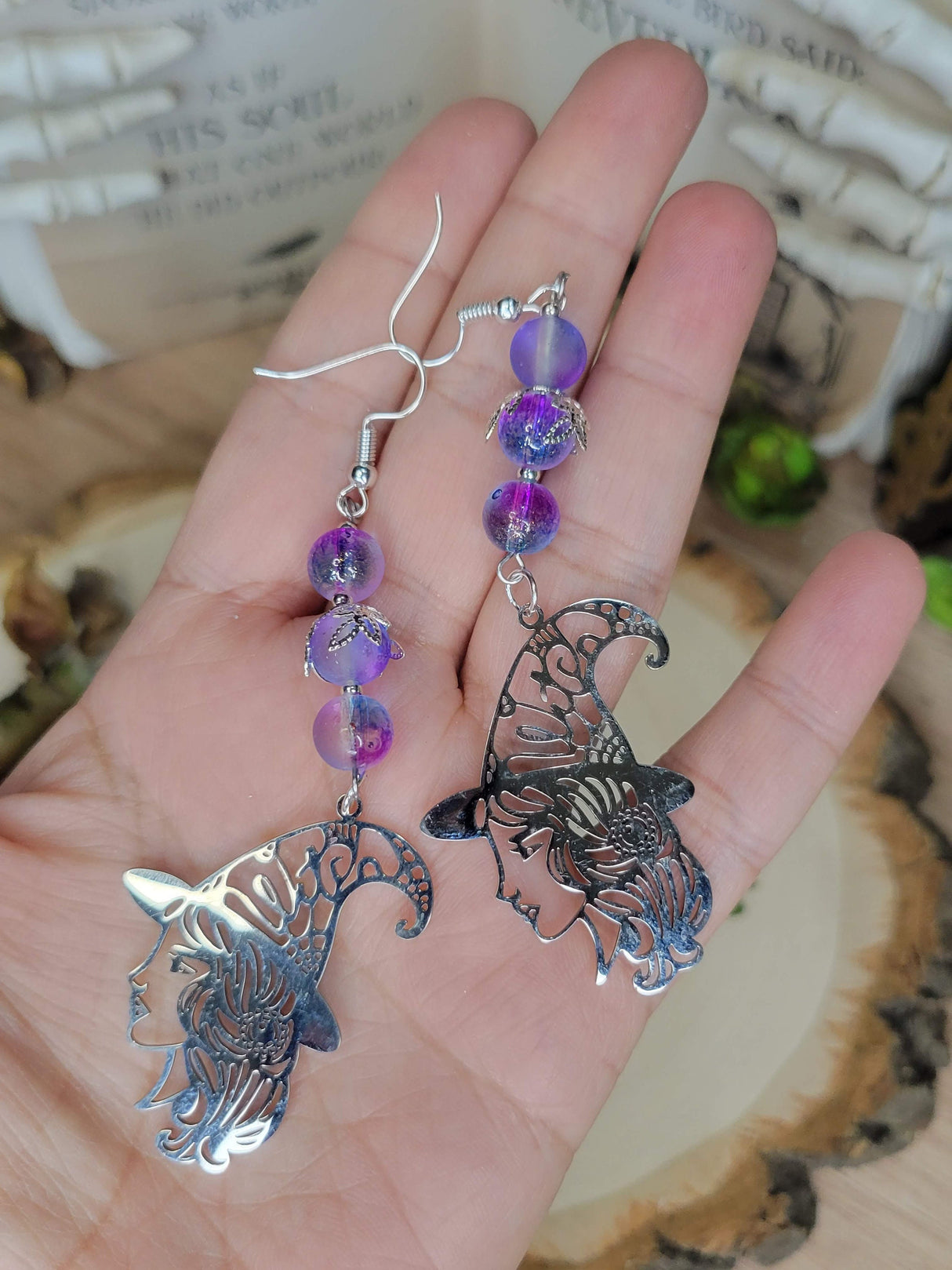 Purple Magick Witchy Earrings, Witching Gift for Halloween Witchy Woman Earrings Purple Beads Jewelry