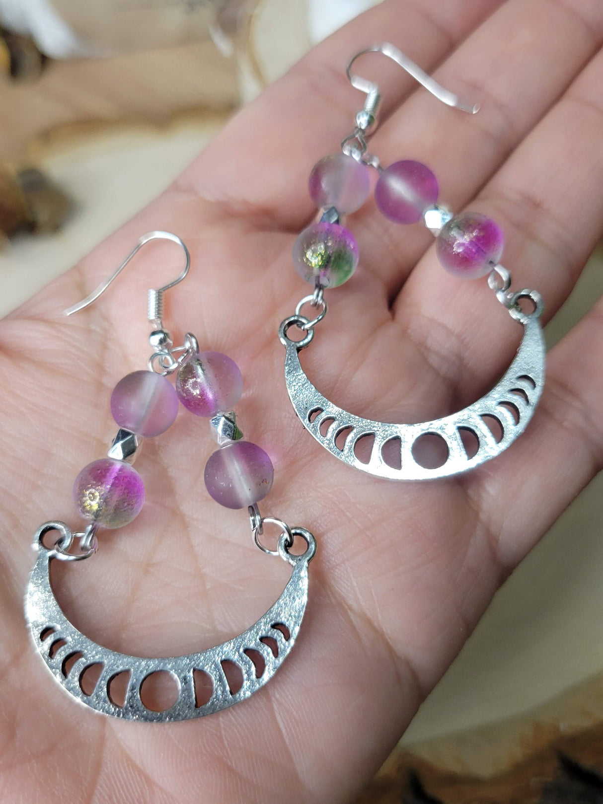 Phases Of the Moon Magick Witchy Earrings, Witching Gift for Halloween Witchy Woman Earrings Purple Pink Beads Jewelry