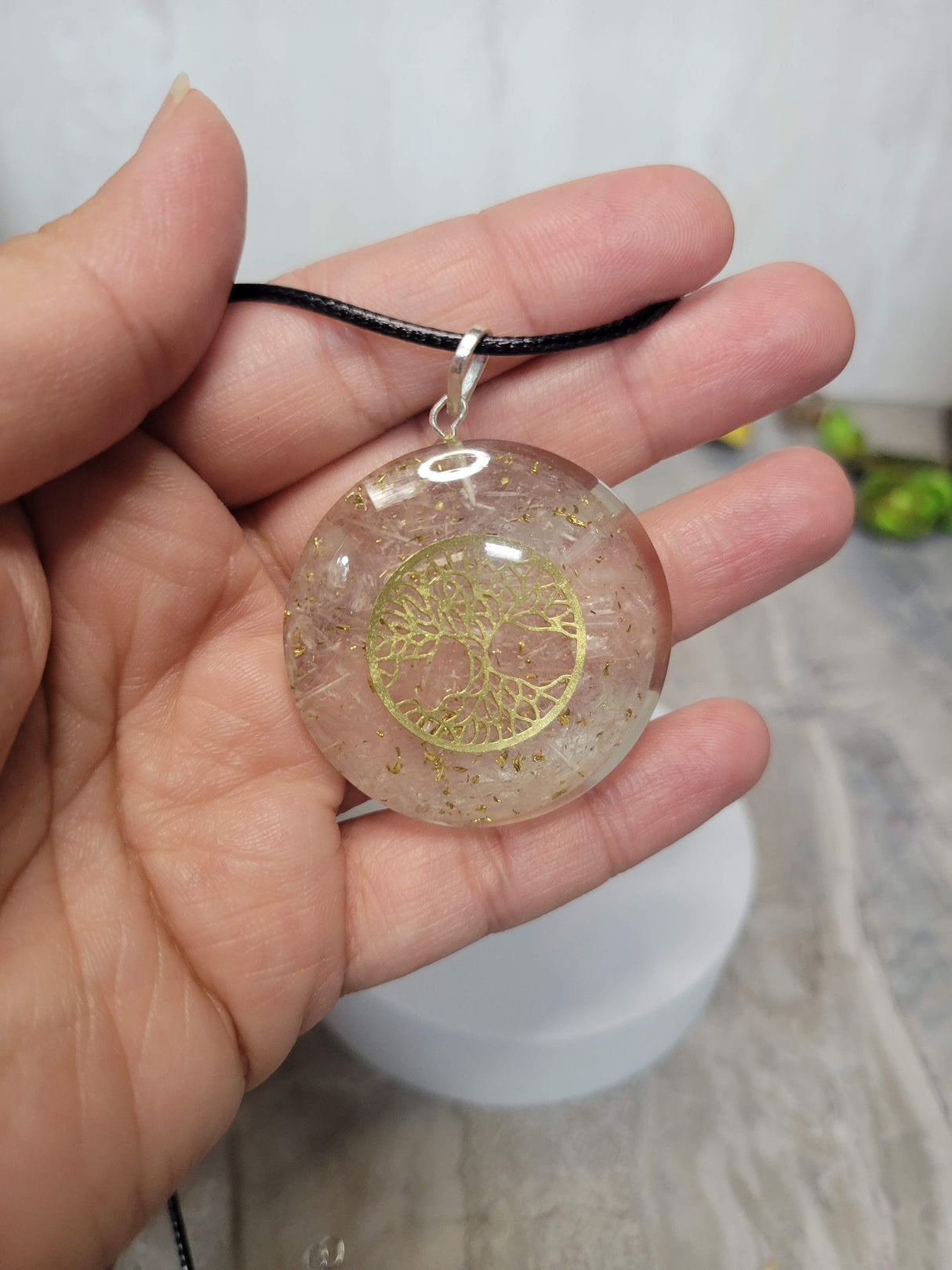 Handmade Selenite Tree of Life round 7 chakra Orgone Energy Pendant 1.5"