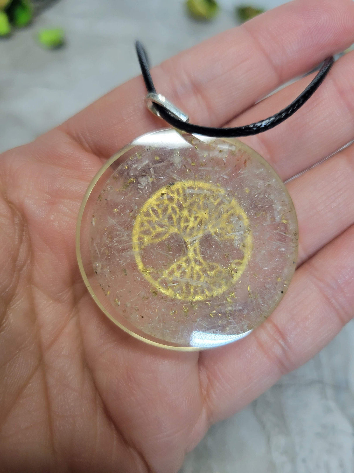 Handmade Selenite Tree of Life round 7 chakra Orgone Energy Pendant 1.5"