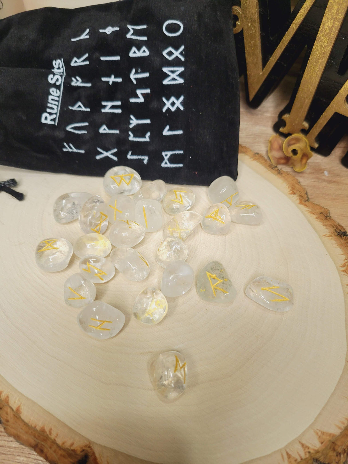 Clear Quartz Rune stone set with Black Pouch (25 stone set) Runestones Quartz Gemstone