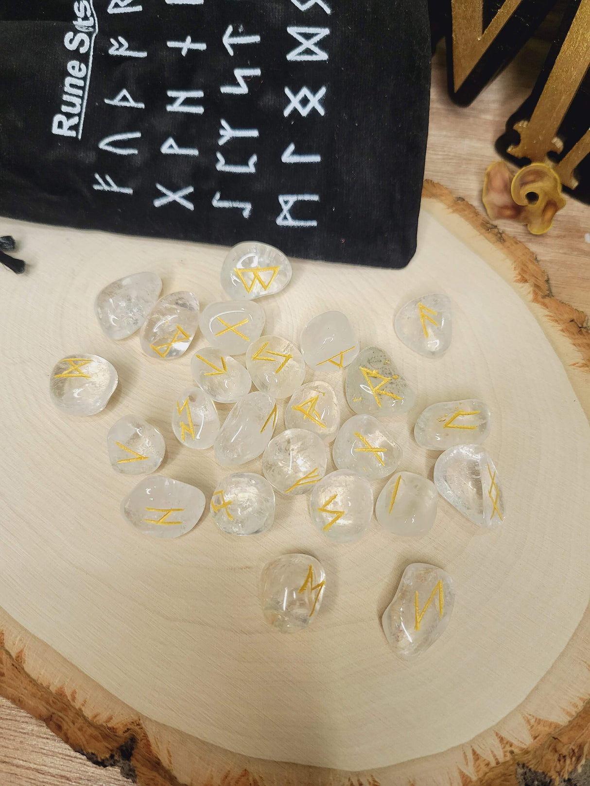 Clear Quartz Rune stone set with Black Pouch (25 stone set) Runestones Quartz Gemstone