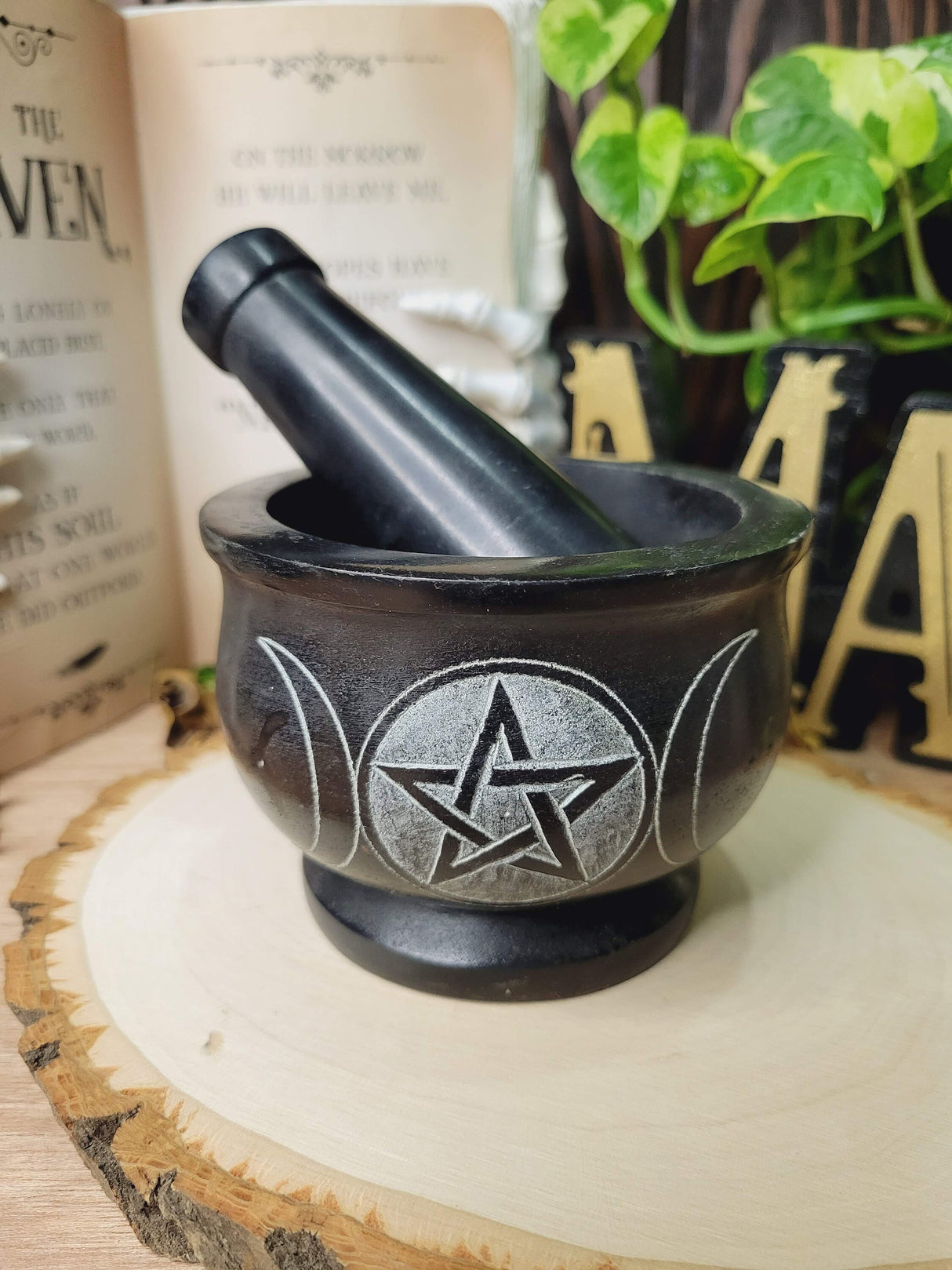 Triple Moon Pentagram Black Mortar and Pestle, Soapstone Herb Grinder Handmade Mortar