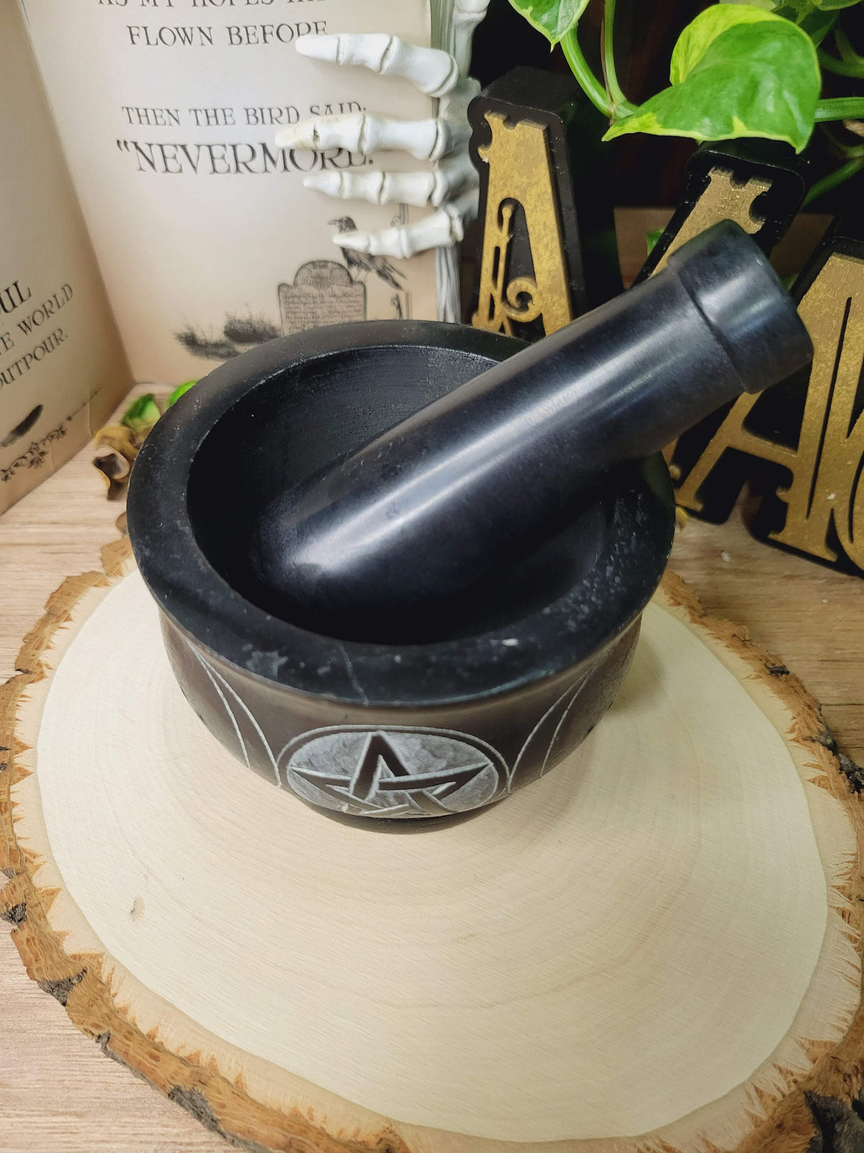 Triple Moon Pentagram Black Mortar and Pestle, Soapstone Herb Grinder Handmade Mortar