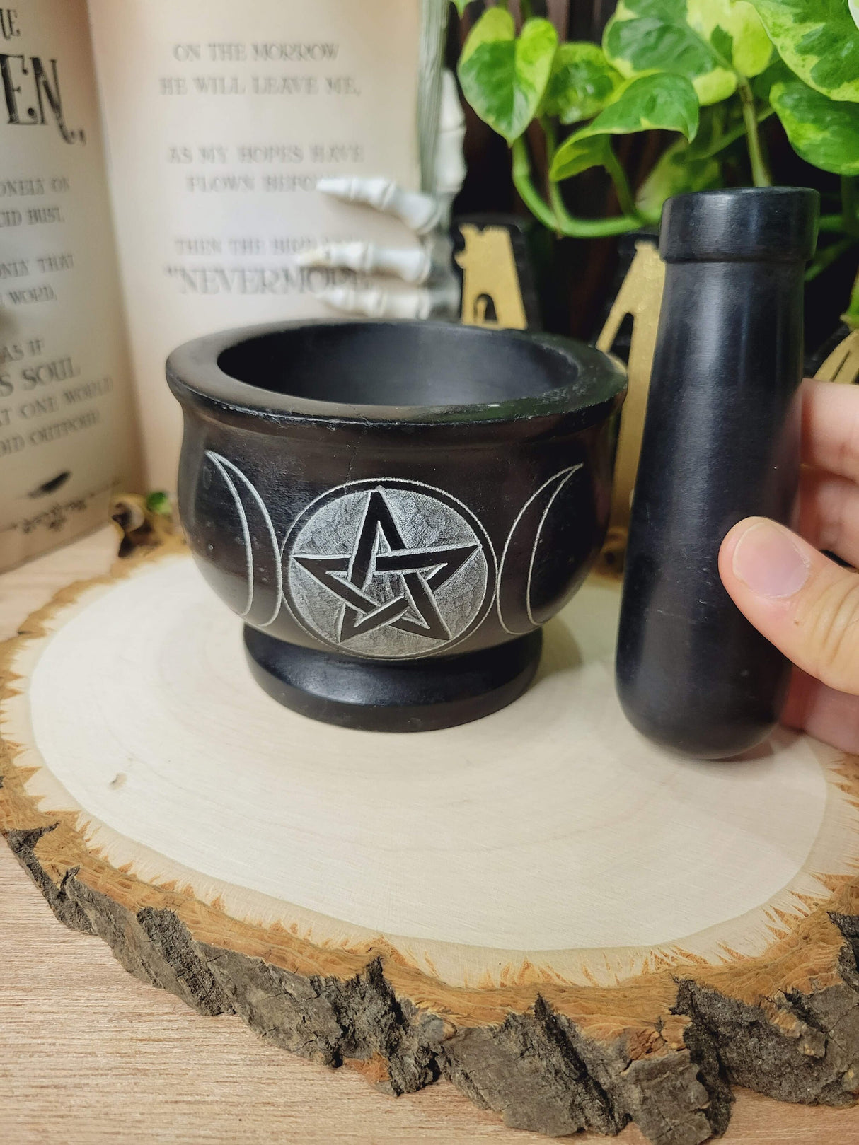 Triple Moon Pentagram Black Mortar and Pestle, Soapstone Herb Grinder Handmade Mortar