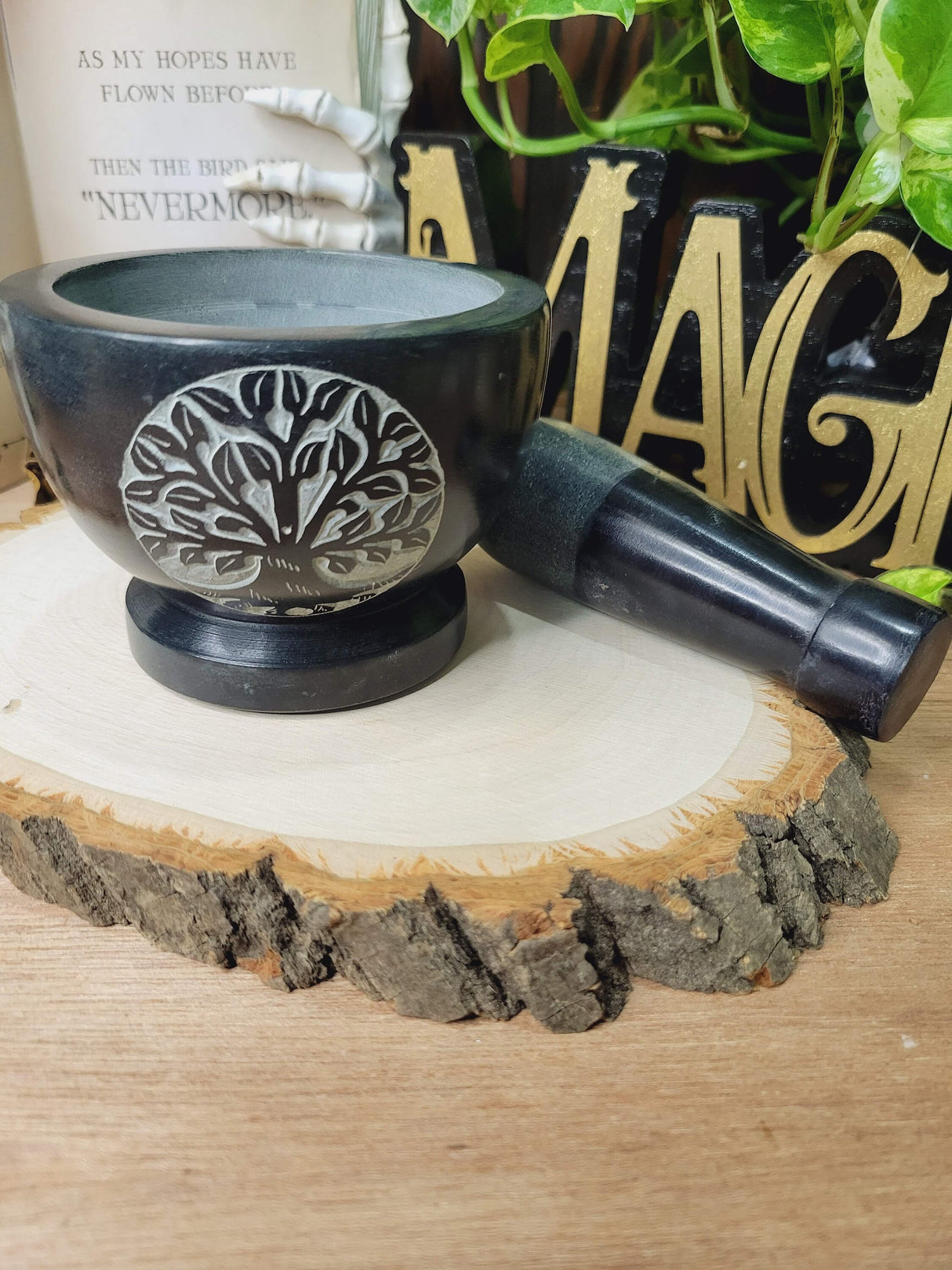 Tree of Life Black Mortar and Pestle,Tree of life Soapstone Herb Grinder Handmade Mortar