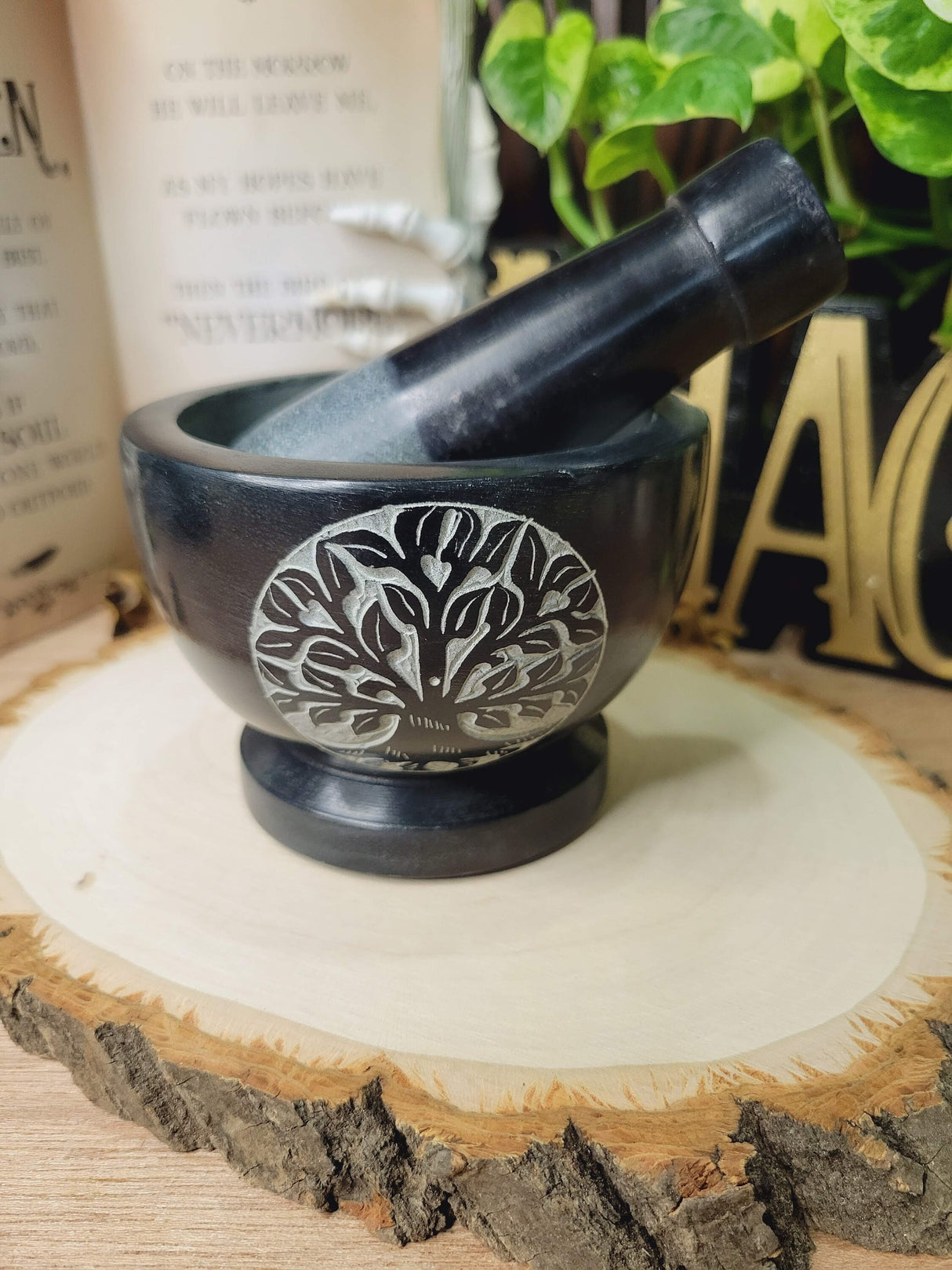Tree of Life Black Mortar and Pestle,Tree of life Soapstone Herb Grinder Handmade Mortar