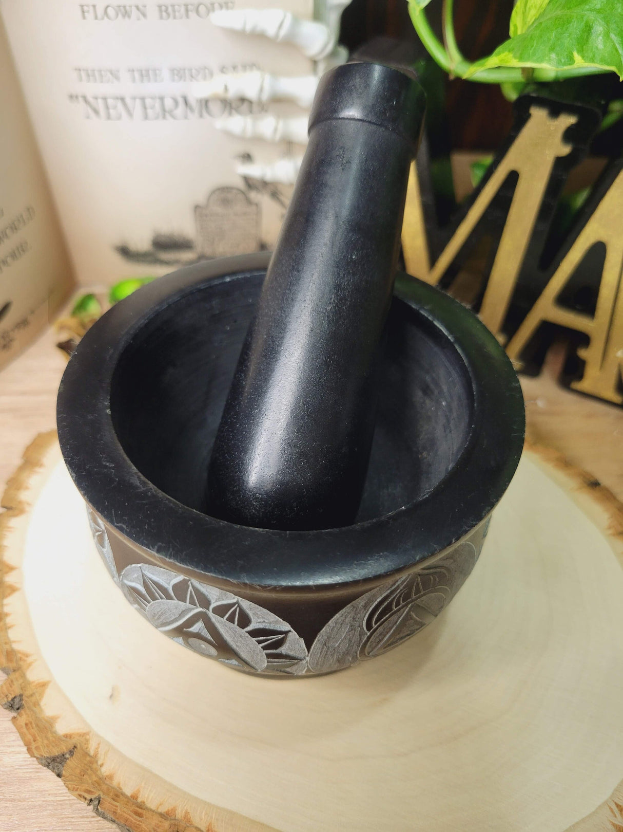 Seven Chakras Black Mortar and Pestle, Chakra Soapstone Herb Grinder Handmade Mortar