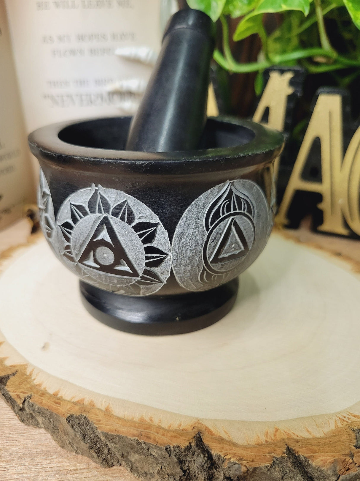 Seven Chakras Black Mortar and Pestle, Chakra Soapstone Herb Grinder Handmade Mortar