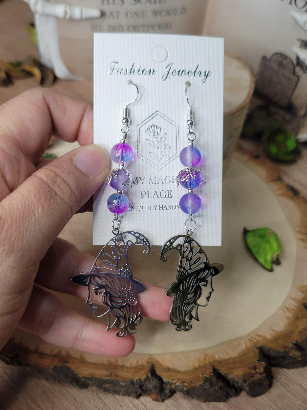 Purple Magick Witchy Earrings, Witching Gift for Halloween Witchy Woman Earrings Purple Beads Jewelry