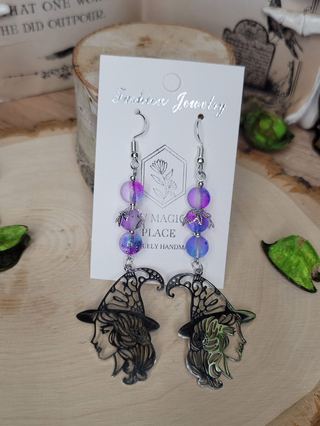 Purple Magick Witchy Earrings, Witching Gift for Halloween Witchy Woman Earrings Purple Beads Jewelry