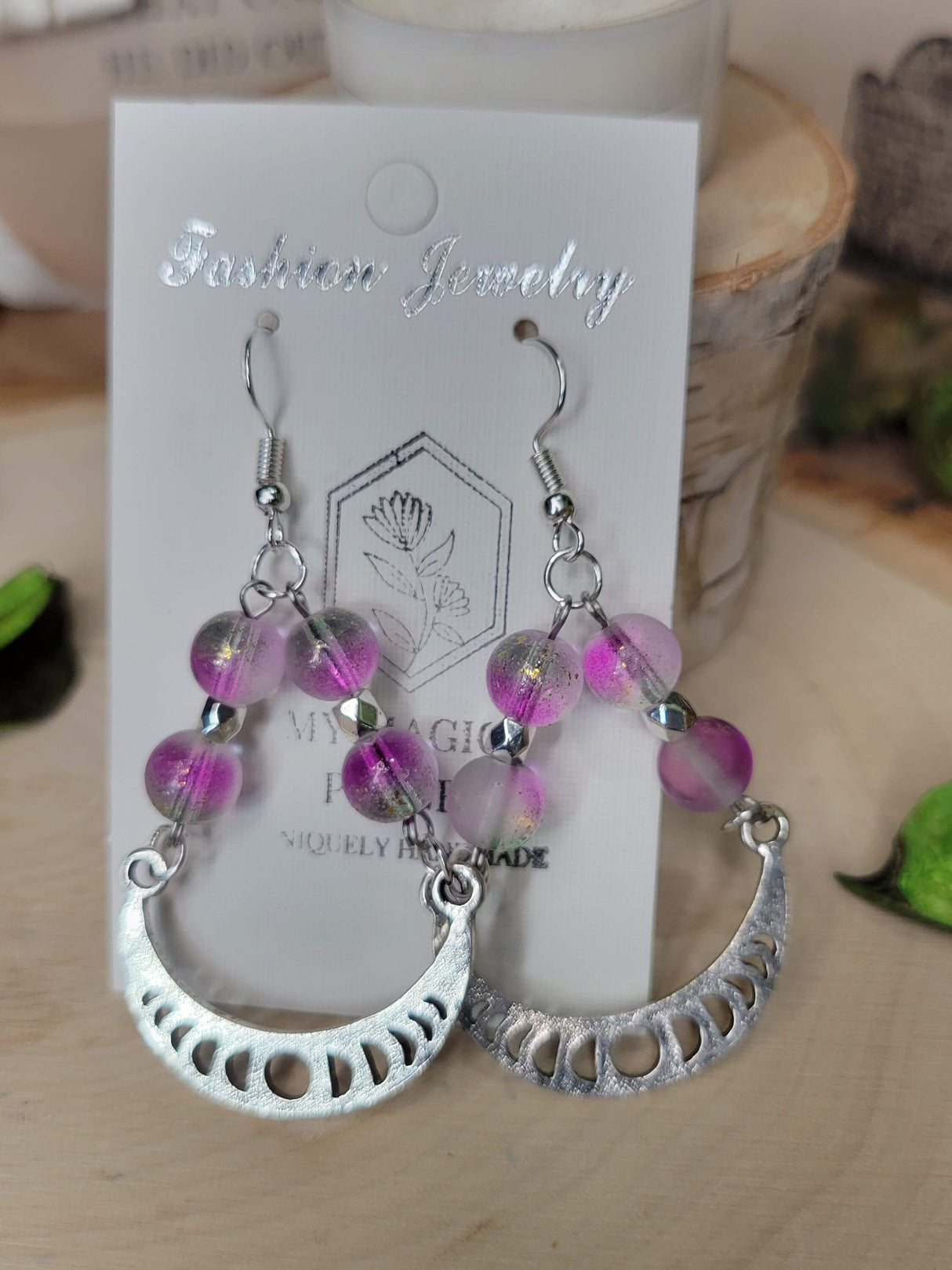 Phases Of the Moon Magick Witchy Earrings, Witching Gift for Halloween Witchy Woman Earrings Purple Pink Beads Jewelry