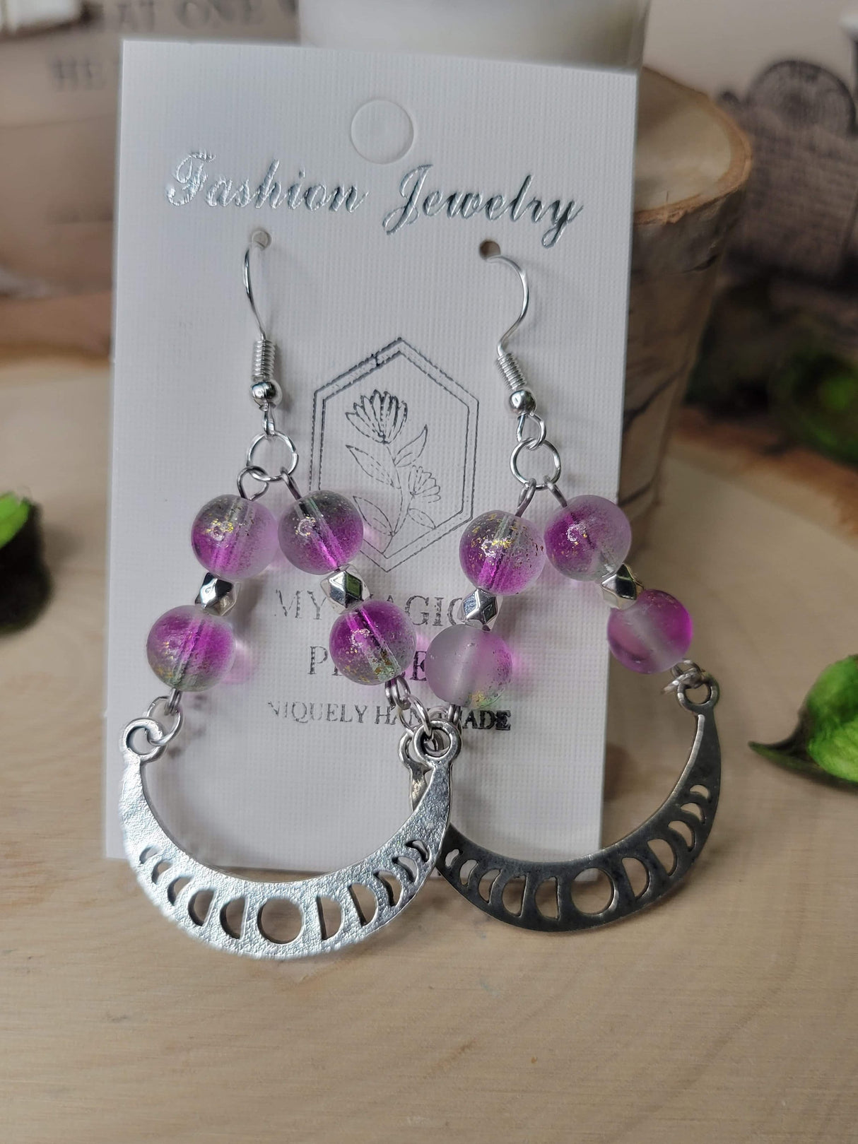 Phases Of the Moon Magick Witchy Earrings, Witching Gift for Halloween Witchy Woman Earrings Purple Pink Beads Jewelry