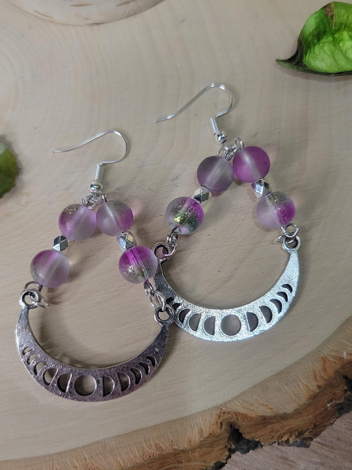 Phases Of the Moon Magick Witchy Earrings, Witching Gift for Halloween Witchy Woman Earrings Purple Pink Beads Jewelry