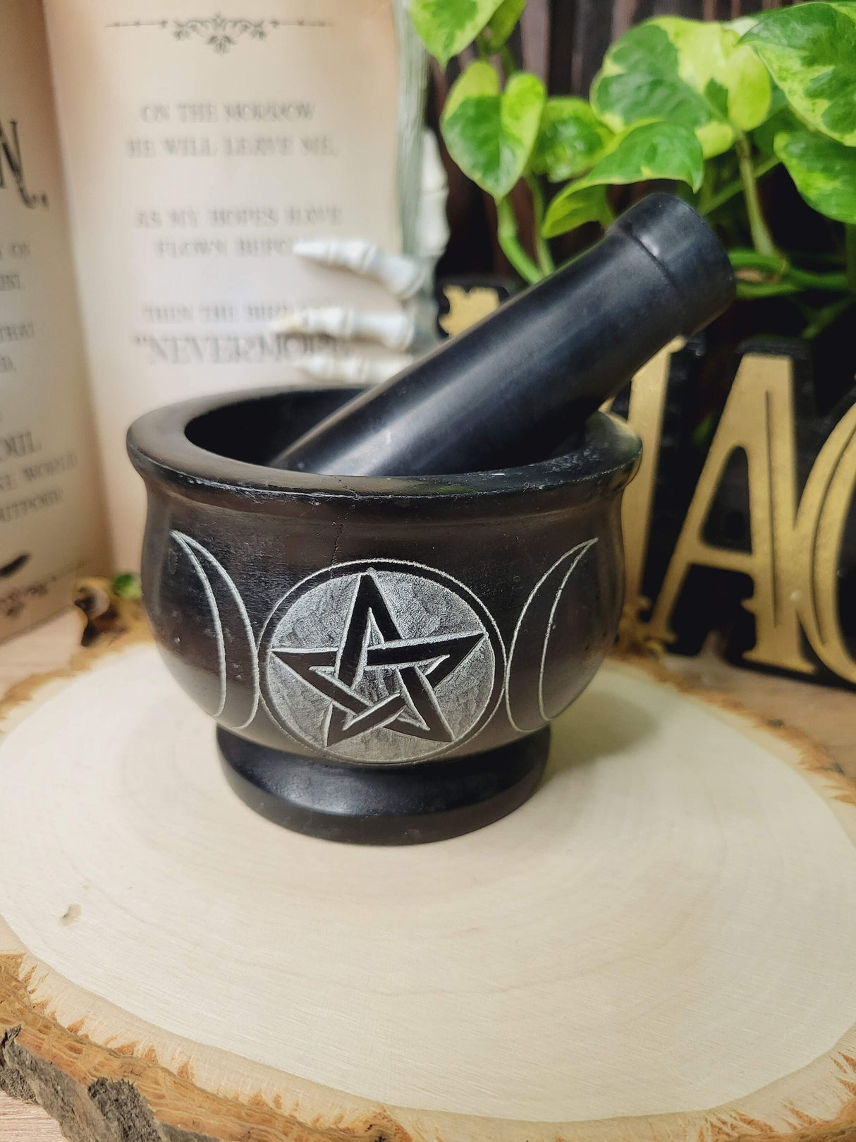 Triple Moon Pentagram Black Mortar and Pestle, Soapstone Herb Grinder Handmade Mortar