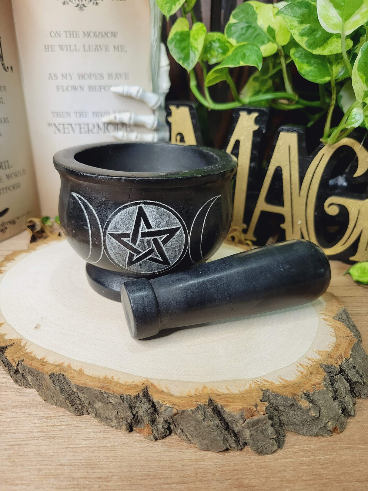 Triple Moon Pentagram Black Mortar and Pestle, Soapstone Herb Grinder Handmade Mortar