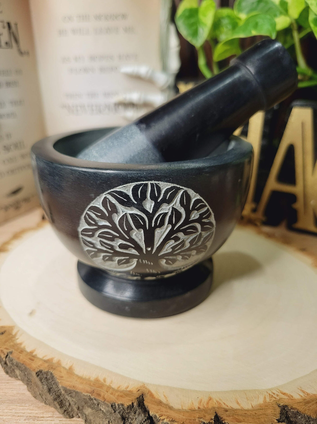 Tree of Life Black Mortar and Pestle,Tree of life Soapstone Herb Grinder Handmade Mortar