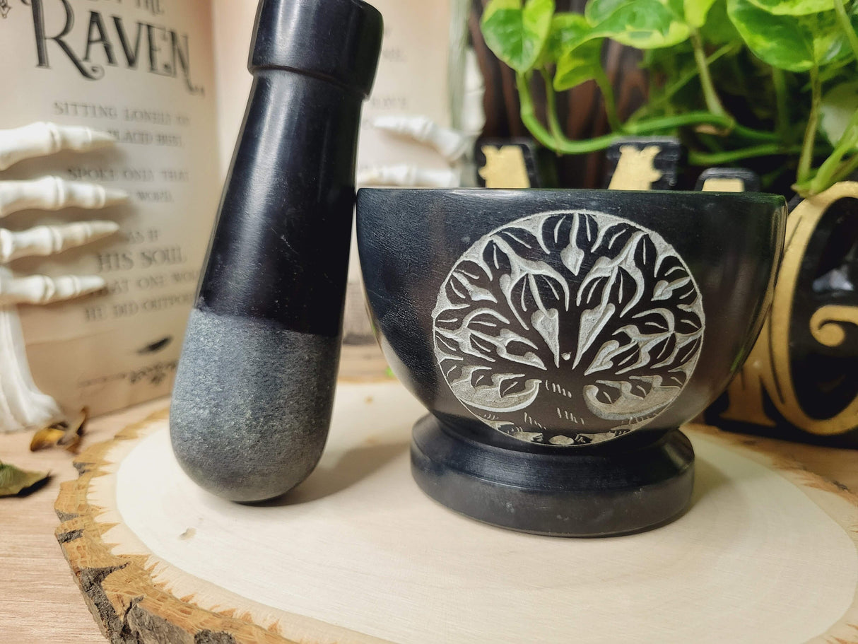 Tree of Life Black Mortar and Pestle,Tree of life Soapstone Herb Grinder Handmade Mortar