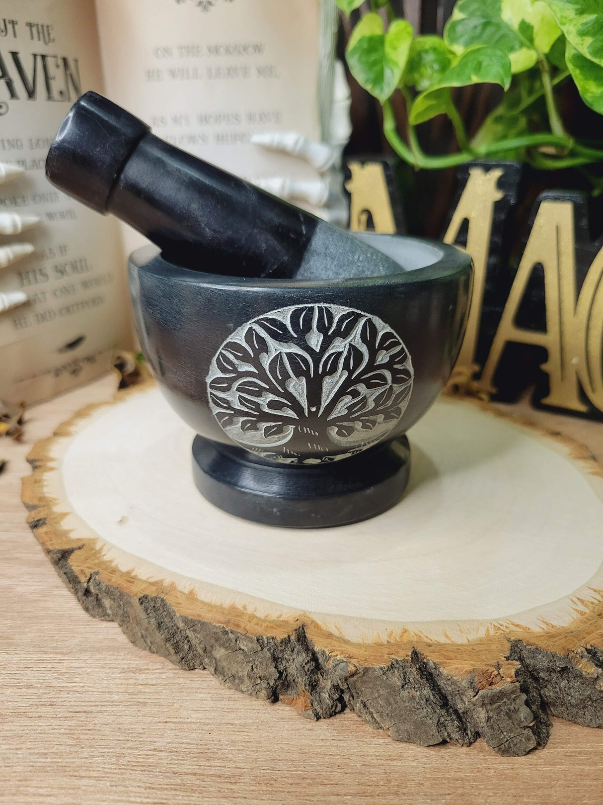 Tree of Life Black Mortar and Pestle,Tree of life Soapstone Herb Grinder Handmade Mortar
