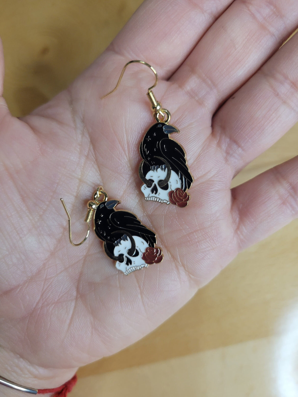 Crow and Skul Dangle Earrings, Witch Drop Earrings for Women, Golden and Black