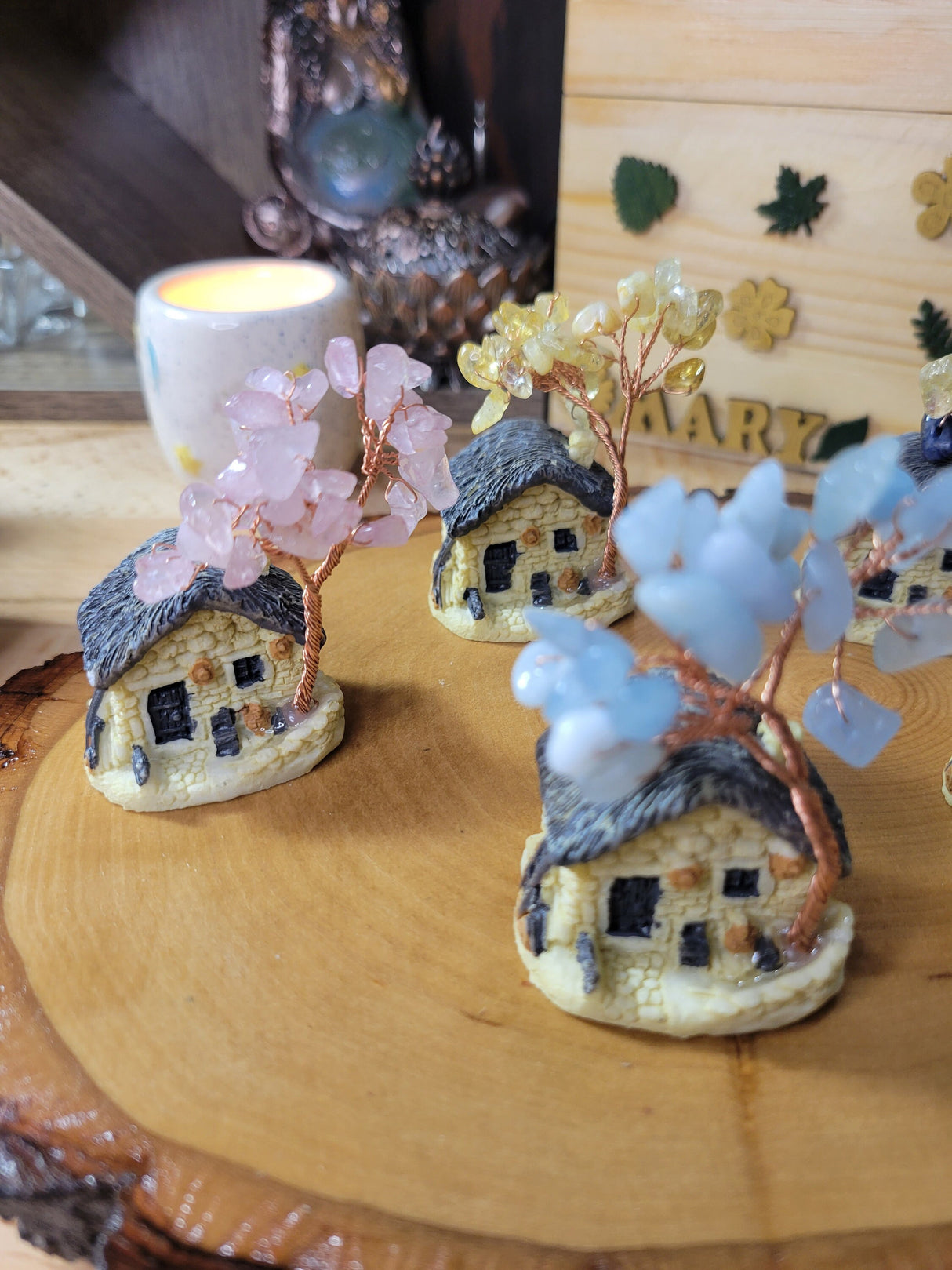 Mini House Crystal Trees Natural Mixed Stone Model Ornament, for Desk Home Decoration