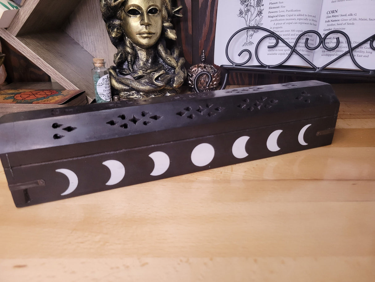 Phases of the Moon Black Wooden Incense Burner Box, Incense Storage Box, Moon Handcrafted Wood Box for Incense