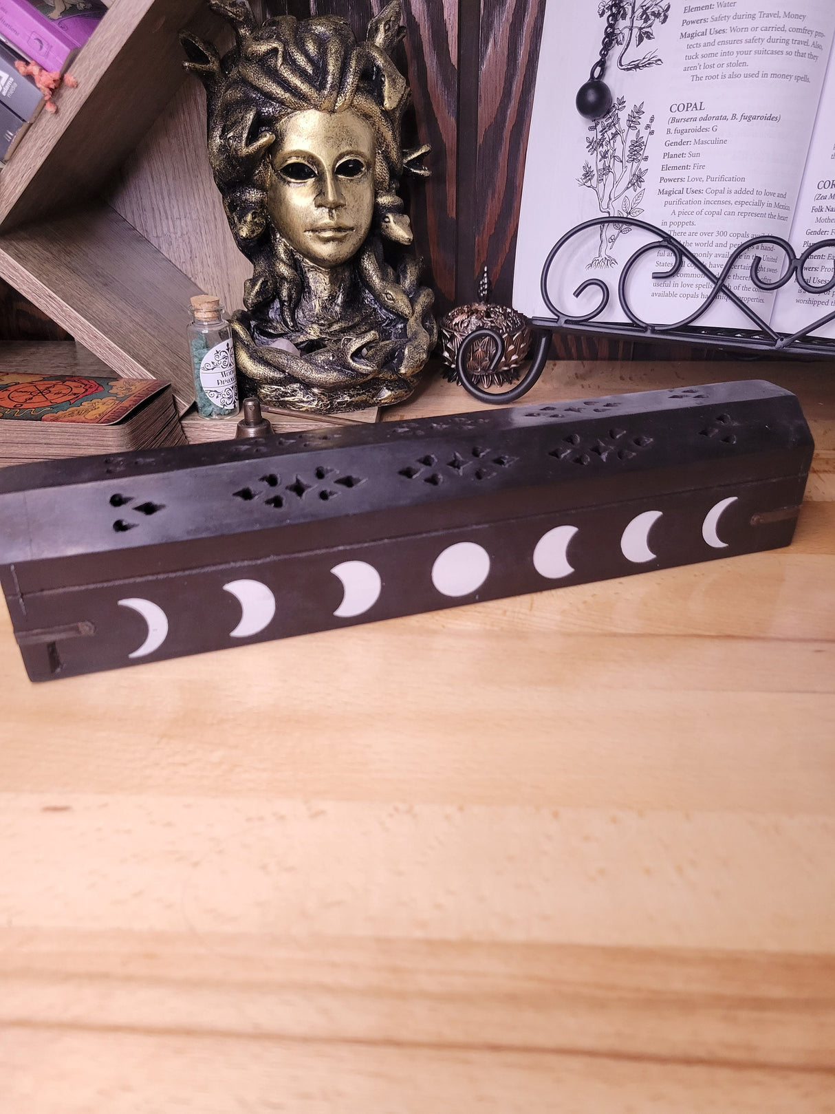 Phases of the Moon Black Wooden Incense Burner Box, Incense Storage Box, Moon Handcrafted Wood Box for Incense
